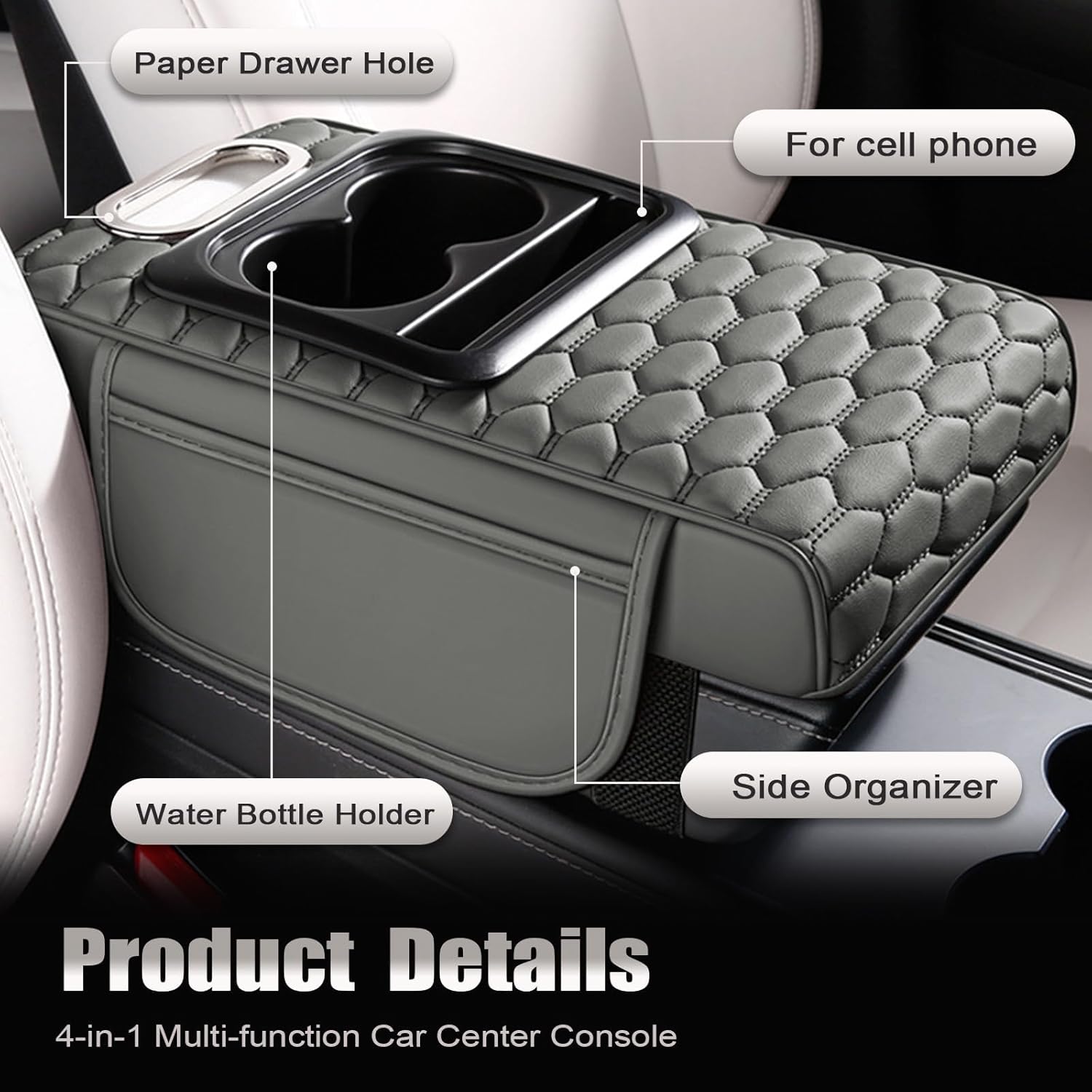 Priprilod Gray Car Center Console Armrest Pillow, Memory Foam with Cup Holder and Cell Phone Holder, Multifunctional Car Center Console Organizer, Universal Fit for Most Car Interior Accessories