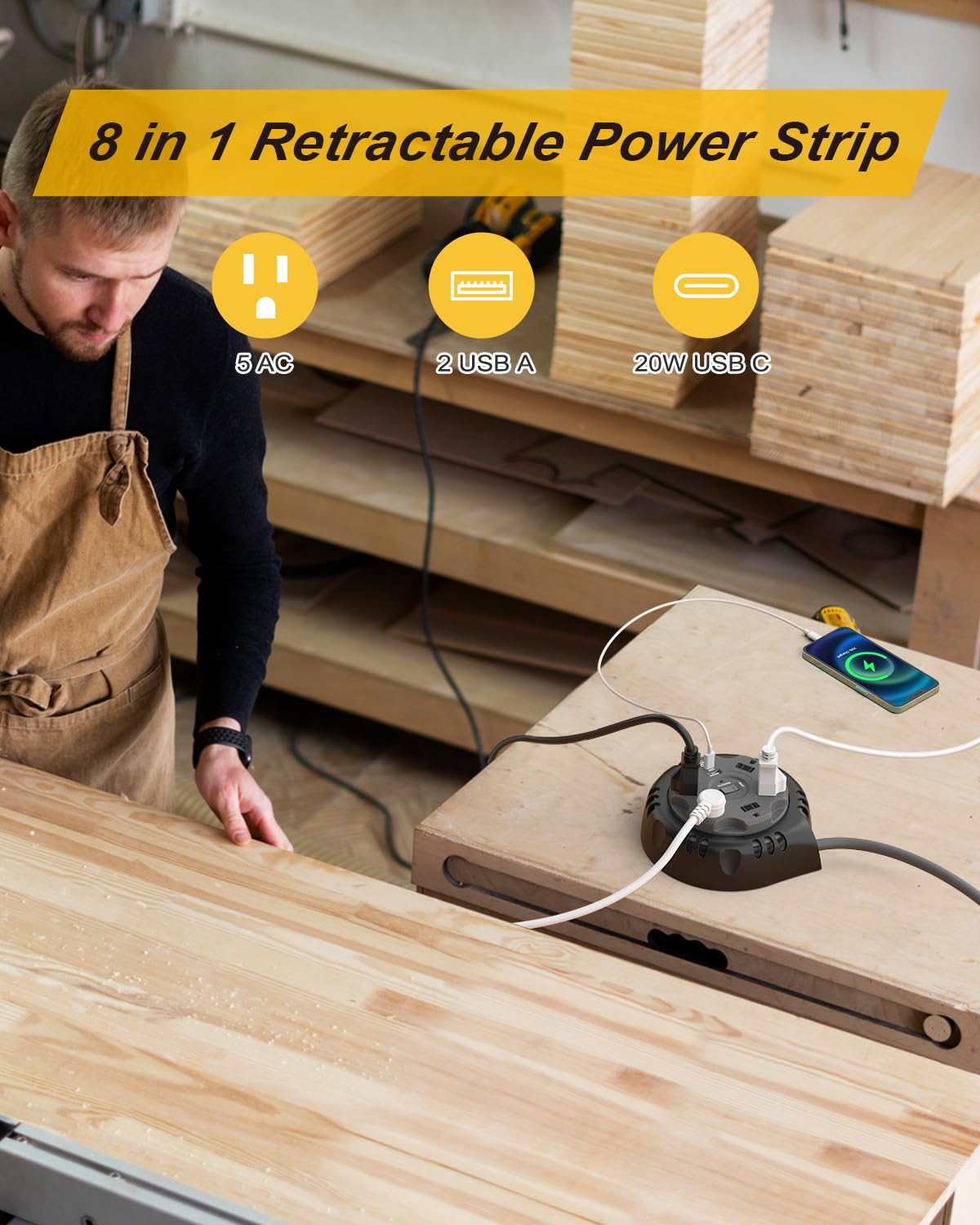 Retractable Power Strip Extension Cord Reel with USB C PD 20W, Flat Plug Travel Power Strip Surge Protection with 5 AC 3 USB Ports, 10FT Travel Extension Cord Portable Outlet, Black Grey