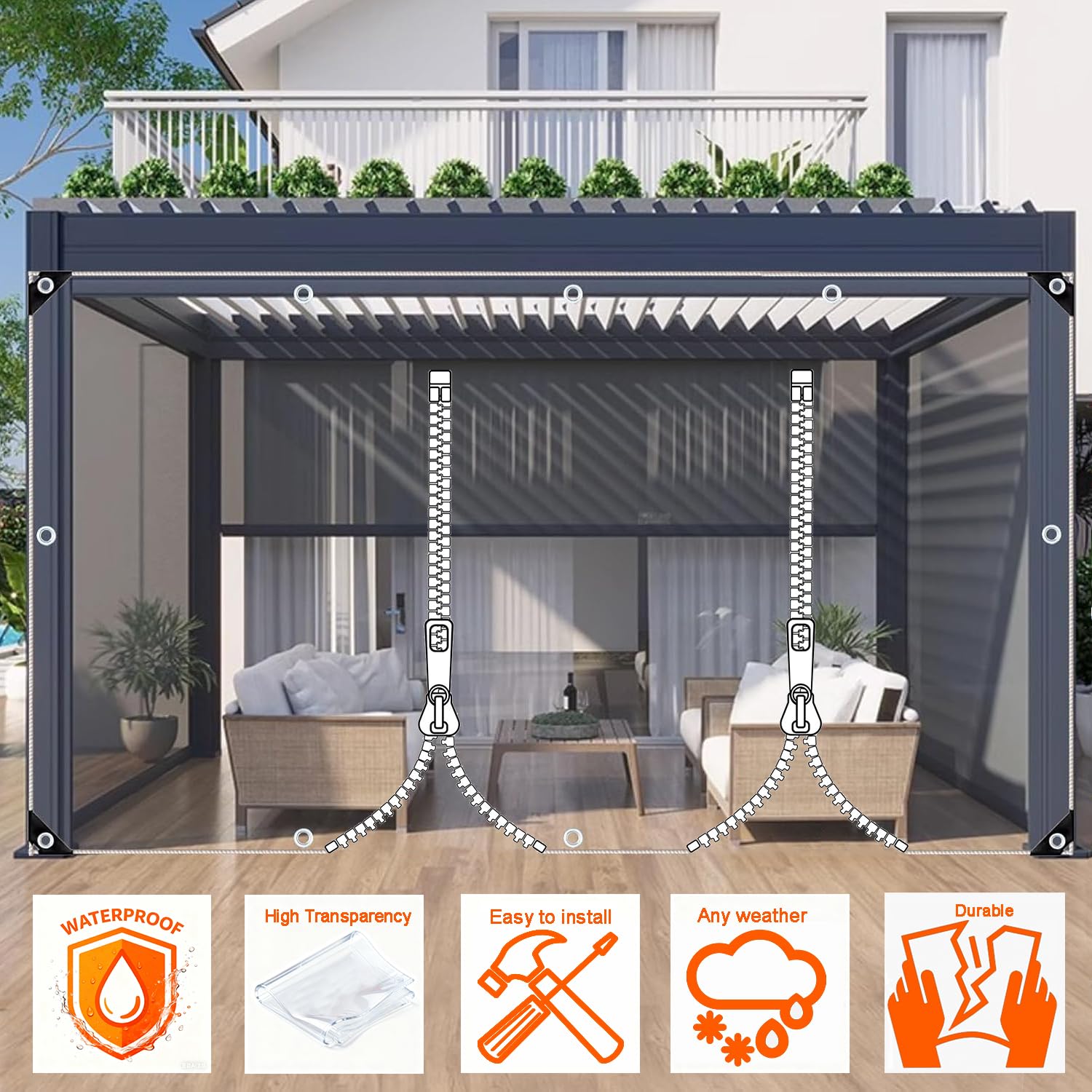 Plane Transparent mit Ösen,420g/m² Abdeckplane wasserdichte mit RV,0.35mm PVC Durchsichtig Plane für Balkon Terassen Pavillon Garten Hühnerstall,1 * 3.2m/Höhe * Breite