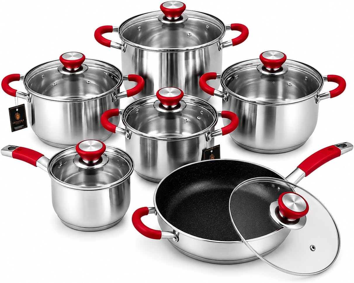 Jogo Panelas Inox 12 Peças Indução Fundo Triplo Com Frigideira Cerâmica Pegadores Silicone Kit Completo