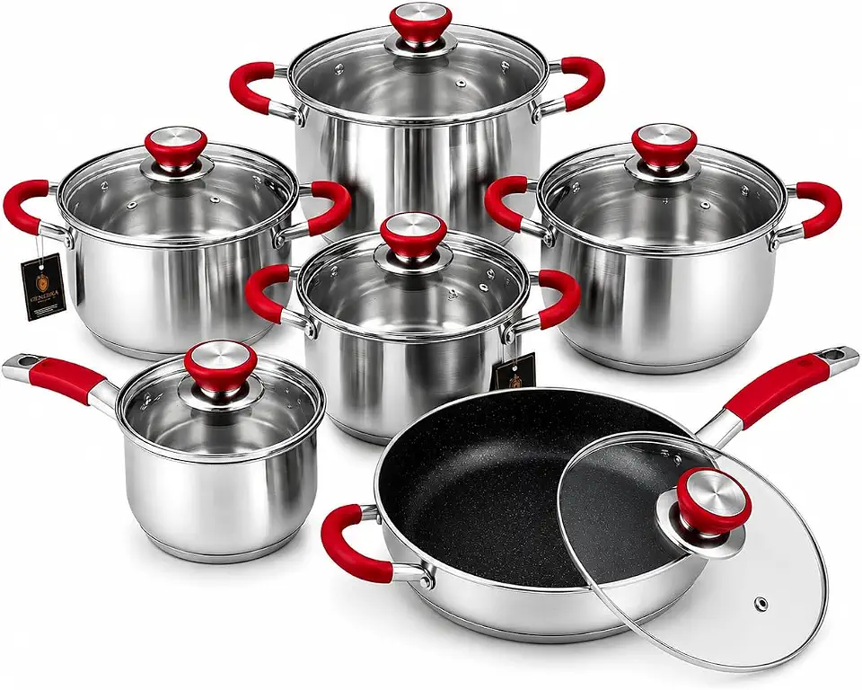 Jogo Panelas Inox 12 Peças Indução Fundo Triplo Com Frigideira Cerâmica Pegadores Silicone Kit Completo