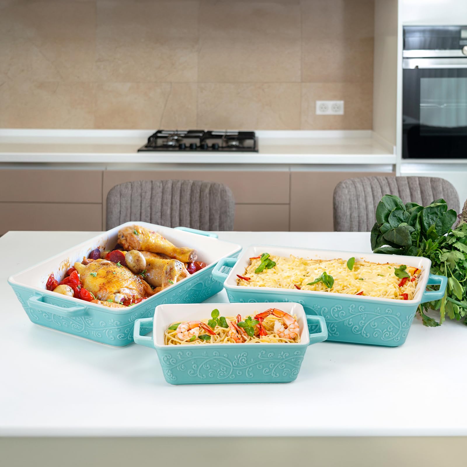 Okllen Set mit 3 Auflaufformen für den Ofen, Keramik-Backformen mit Griffen, rechteckige Lasagne-Pfanne, Backformen-Set zum Backen, Kochen, Braten, Grillen, Gratin, Hochzeits- und Einweihungsgeschenk,