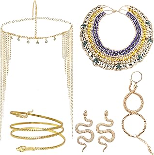 5Pcs Egyptian Costume Accessories Set Include Tassel Egyptian Headpiece for Women Golden Snake Arm Cuff Necklace Bracelet Earrings for Cosplay Party