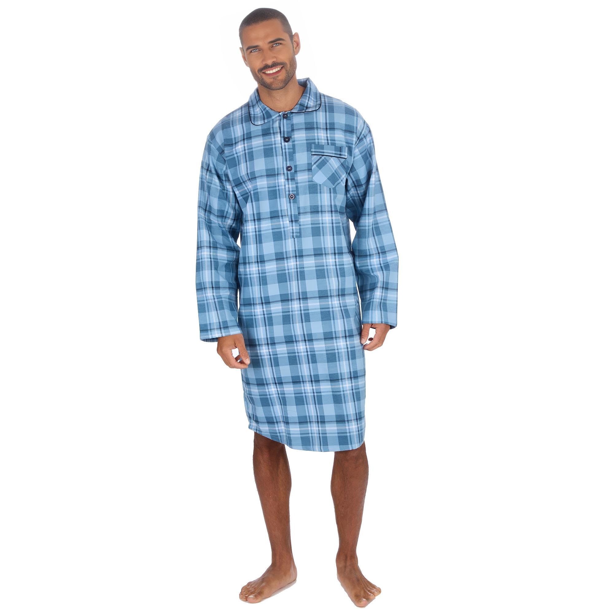 INSIGNIA Mens Nightshirt 100% Brushed Cotton Flannel Nightwear, Long Sleeve Winter Sleep Shirt, Soft & Warm Nightie (Denim Check, L)