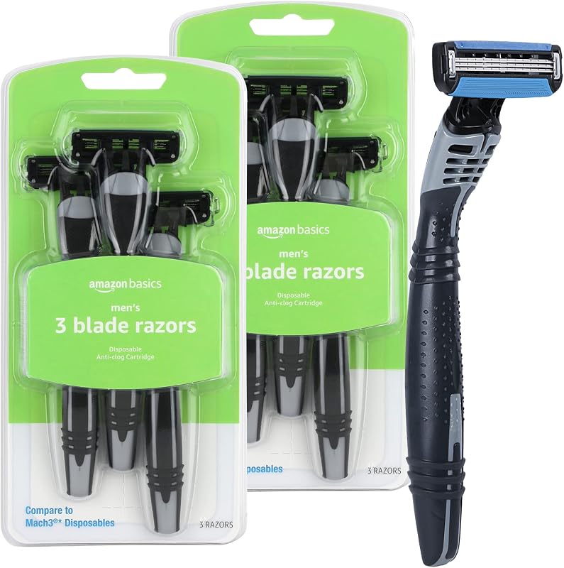 Amazon Basics Maquinillas de afeitar desechables de 3 hojas para hombres, afeitado apurado y cómodo, reduce la irritación, 6 unidades, 2 paquetes de 3 (anteriormente Solimo)