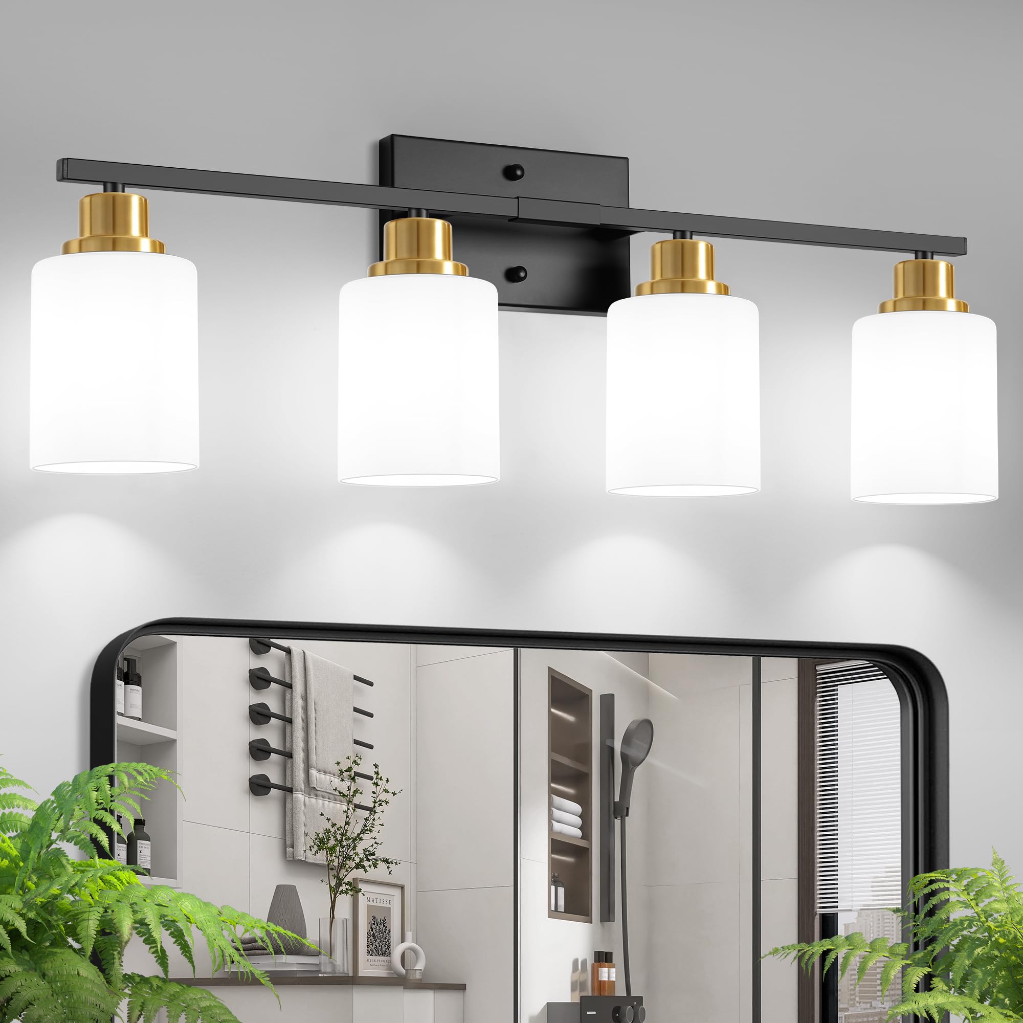 Ascher Bathroom Light Fixtures, 4-Light Vanity Light Over Mirror, Black and Gold Wall Sconces with Milky White Frosted Glass Shades, Wall Lamp for Living Room Bedroom, E26 Base(Bulbs Not Included)