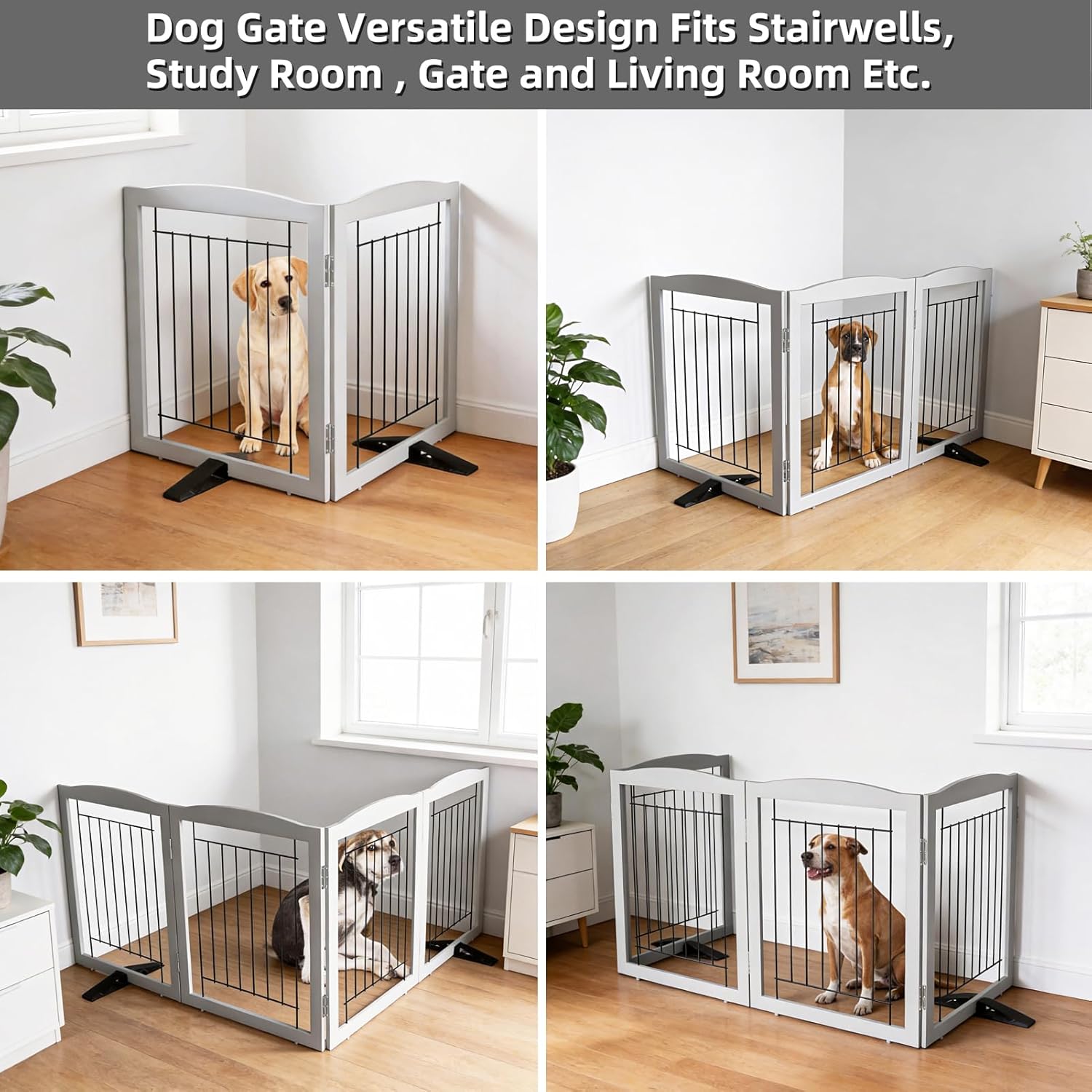 ZJSF Freestanding Dog Fence Indoor, Foldable Dog Gate for Doorways, Stairs or Hallways, Sturdy Wood Extra Wide Pet Gate with Support Feet for The House, Grey, 32 "Height-2 Panels