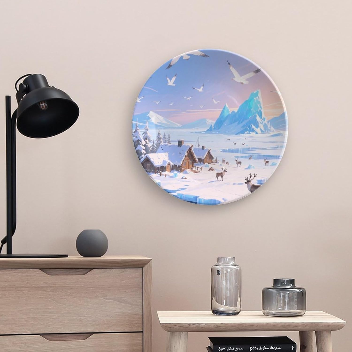 Bone China Decorative Plates Ice Field Villages Ceramic Decorative Plate Wall Decor with Display Stand Ceramic Ornaments for Wall Hanging Decoration