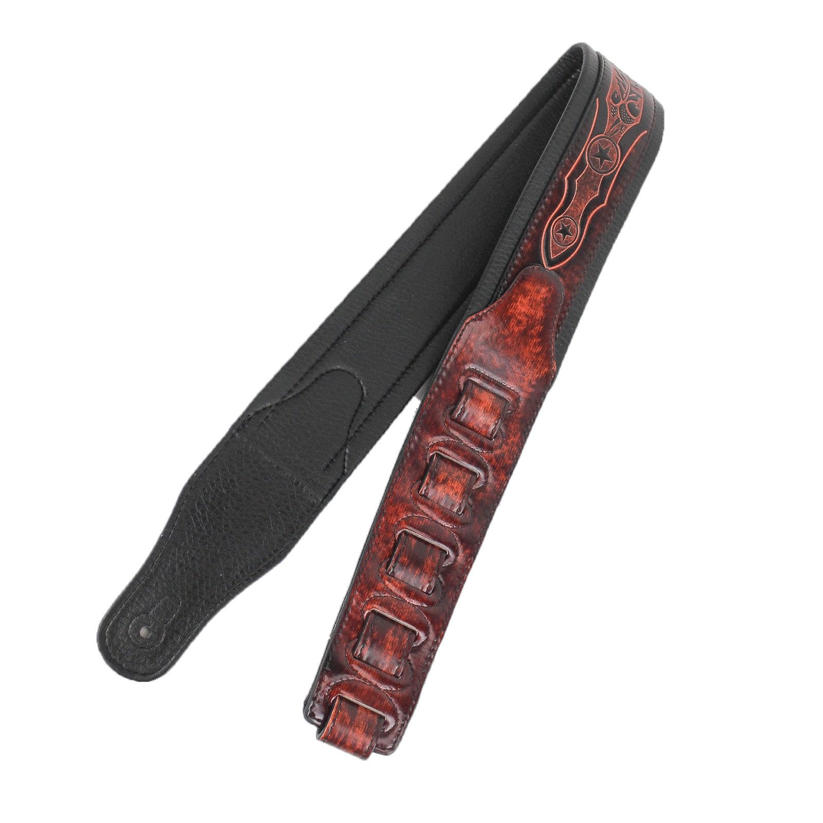 Walker & Williams GB-162 negro Cherry acolchada correa para guitarra con hojas de roble y Texas Star