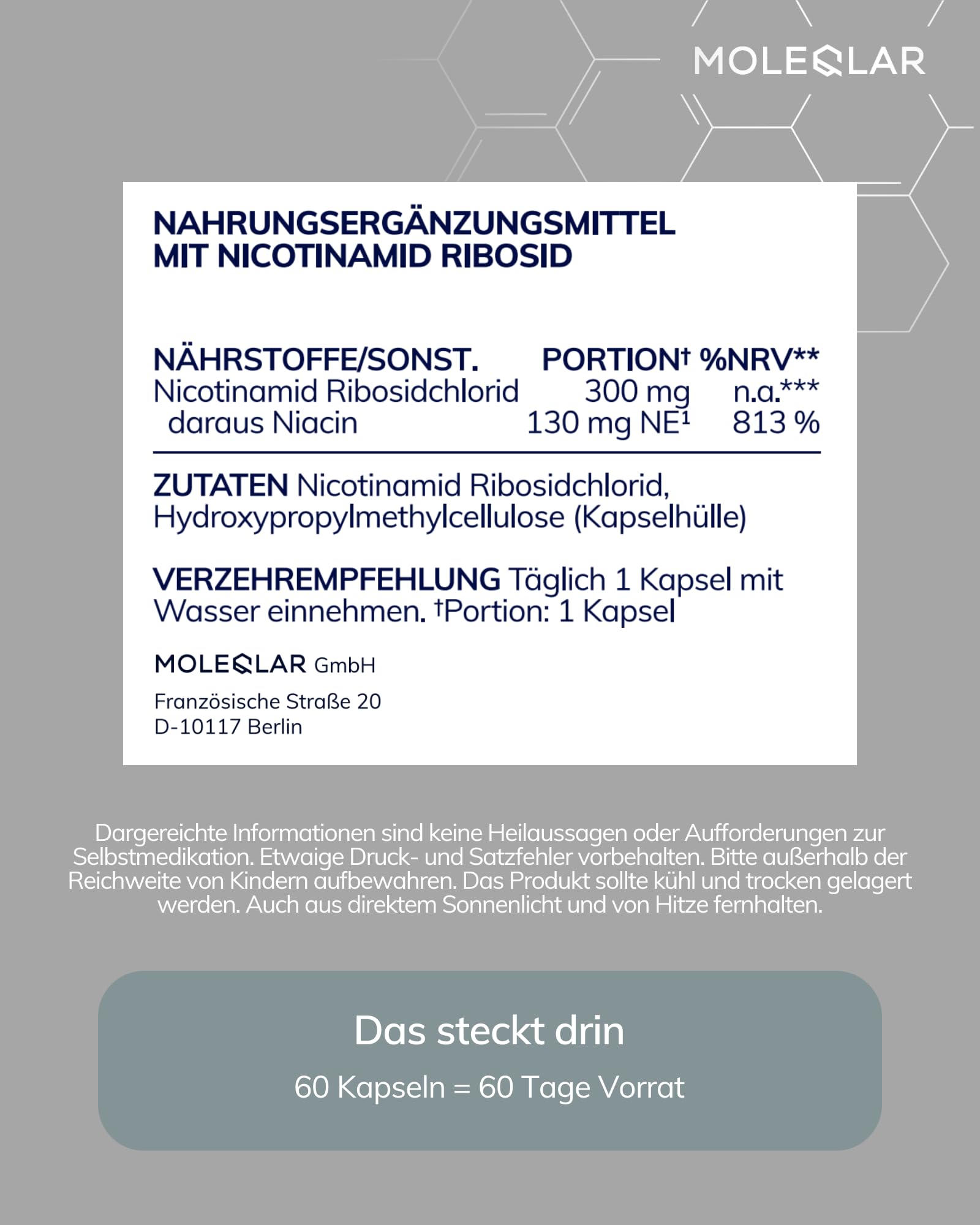 MoleQlar Nicotinamid Ribosid Kapseln - Cellular Energy Support* - Nahrungsergänzungsmittel mit 300 mg Nicotinamid Ribosid Chlorid (NR) pro Kapsel - 60 Stück