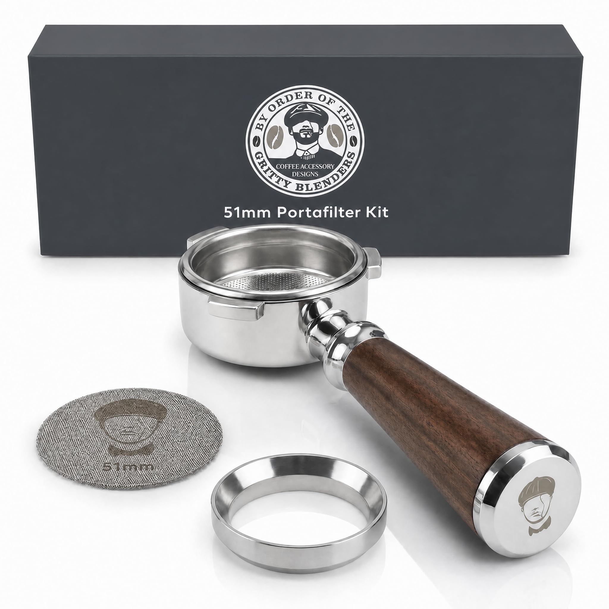 Gritty Blenders 51mm Bottomless Portafilter for De'Longhi Dedica EC680 & EC685 | Fits Smeg ECF | 3-Ear Naked Espresso Portafilter, Walnut Handle | Includes 16-18g Basket, Puck Screen & Dosing Funnel