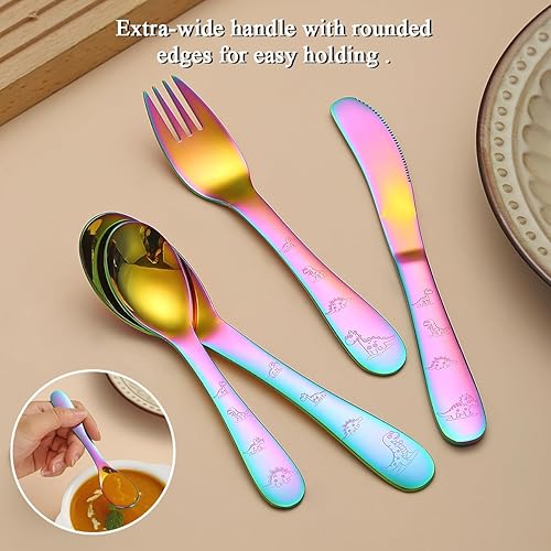 Miniatura 4 de Evanda Juego de 4 cubiertos de acero inoxidable con revestimiento de titanio arcoíris para niños pequeños, utensilios para niños, tenedores y