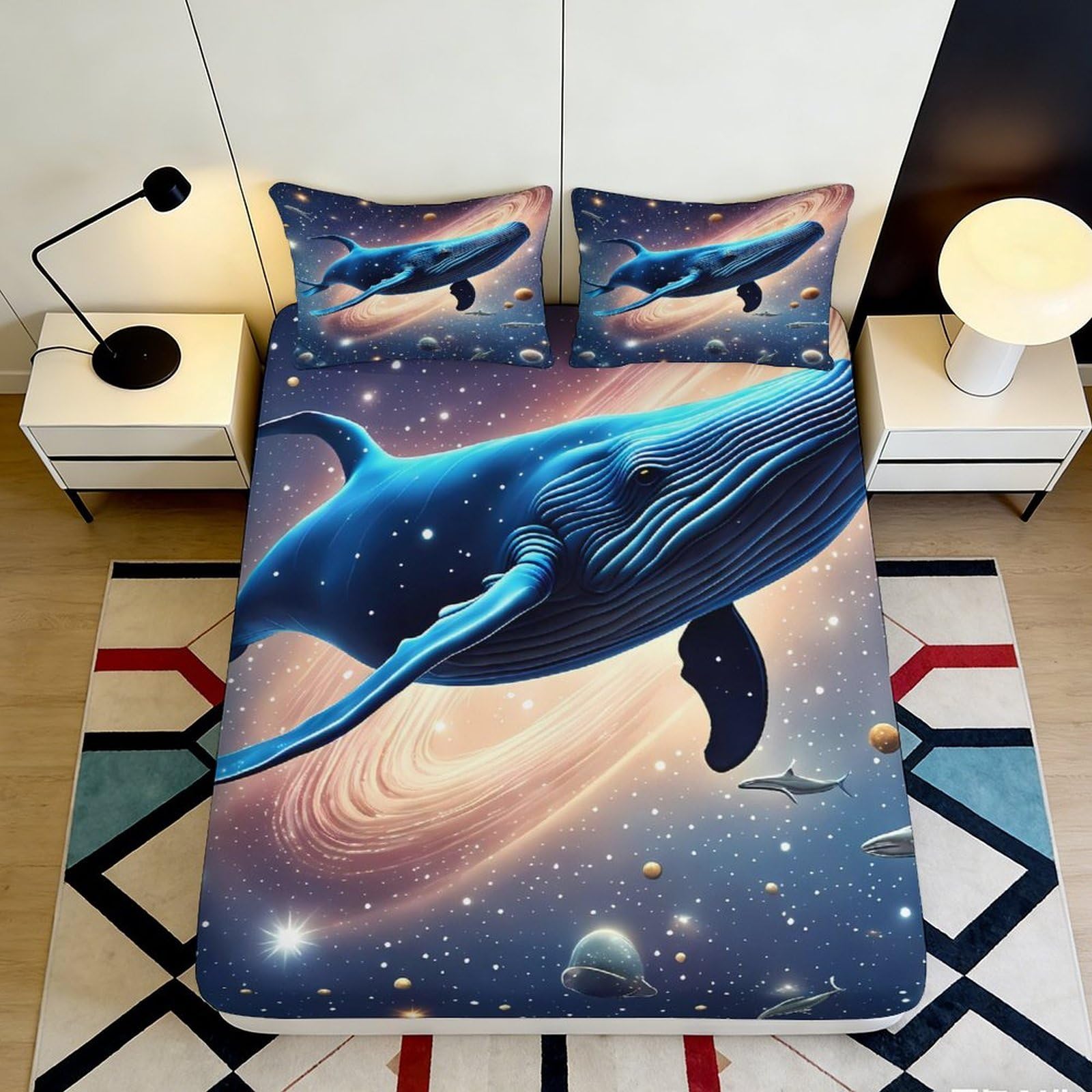 3D Printed Whale Galaxy Fitted Sheet Microfiber Bedroom Decor Cosmic Ocean Mattress Cover Anti-Slip Washable 90x200x25cm