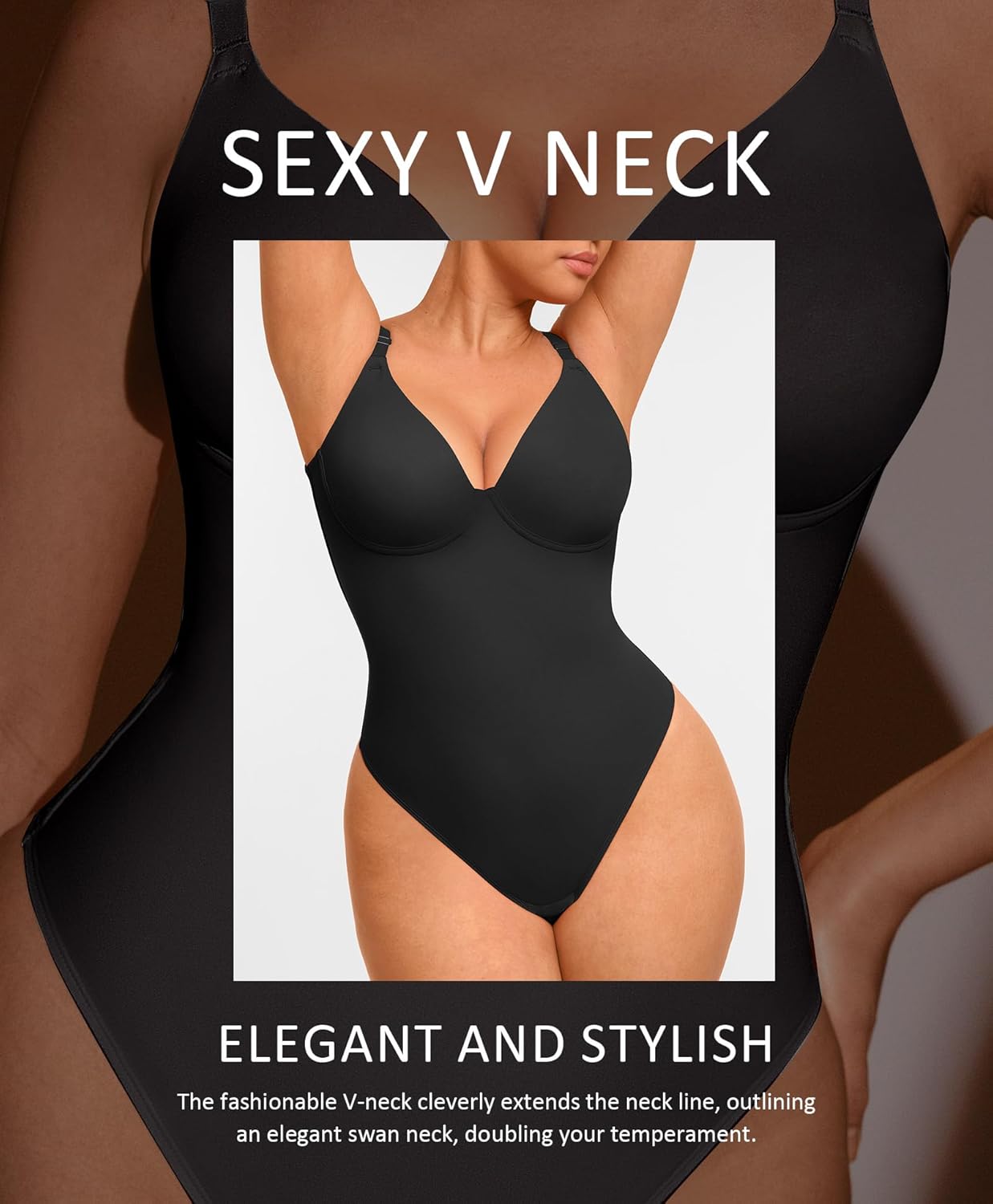 FeelinGirl Shapewear Bodysuits for Women Tummy Control, Thong Body Suit Deep V Neck Corset Top Body Shaper - Image 5