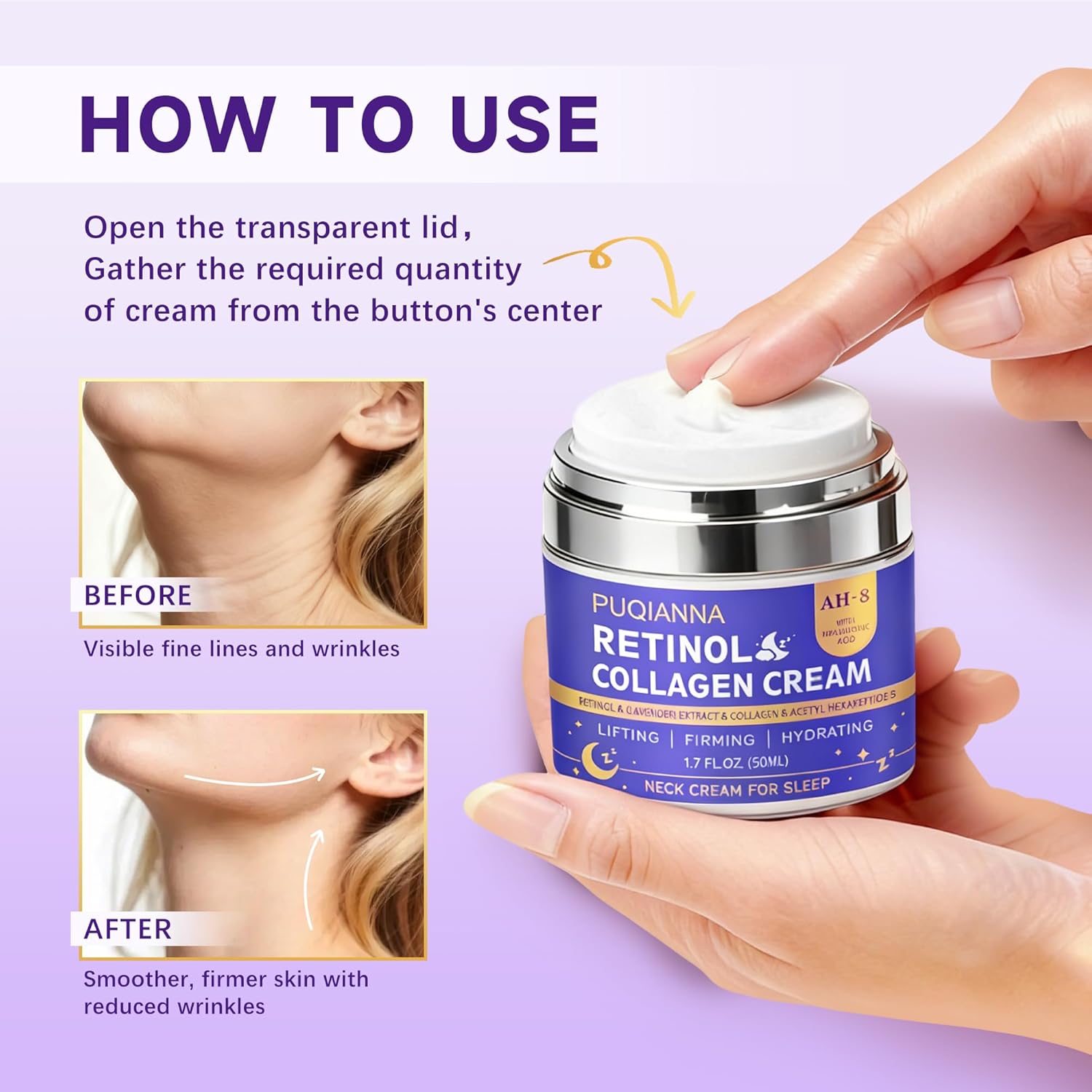 Neck Cream Firming and Tightening with Retinol and Peptide Anti Wrinkle Cream for Women Overnight Treatment Infused with Collagen Hyaluronic Acid and Lavender Extract for Calming Night Care
