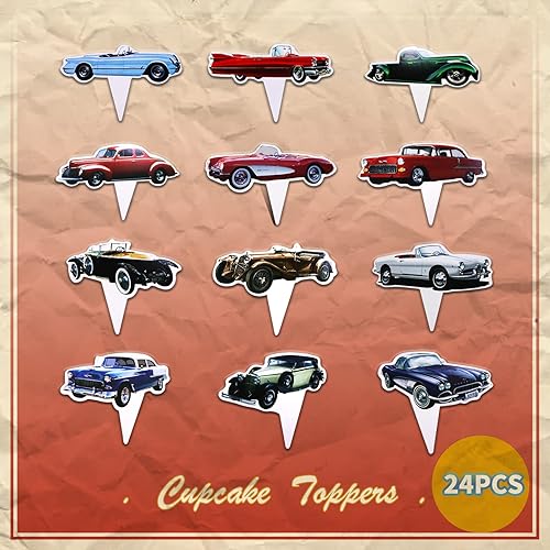 Miniatura 2 de Classic Cars - 24 piezas de adornos para cupcakes, convertibles vintage de los años 50, suministros de fiesta temática, recuerdos de tartas para