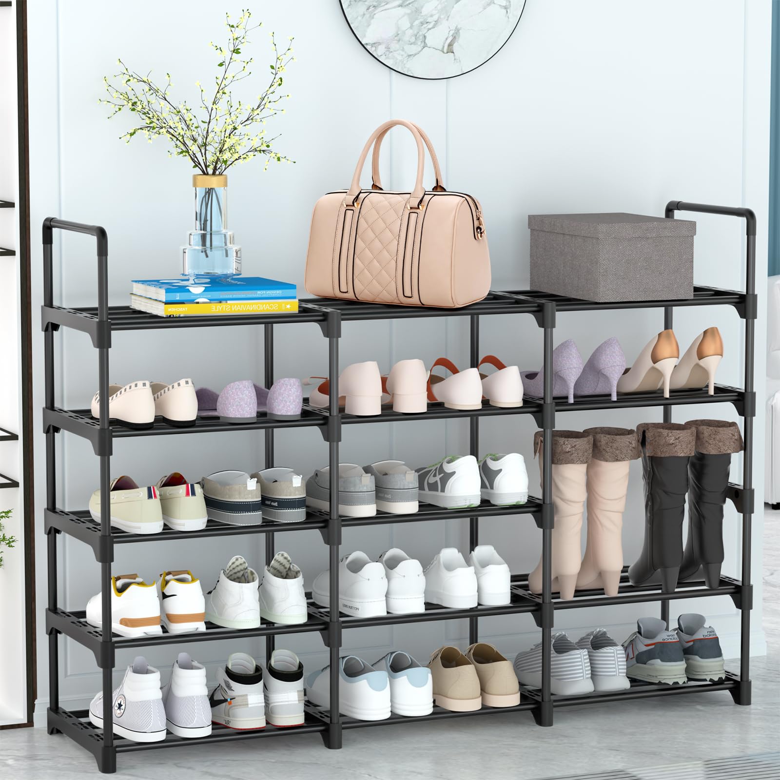 Mueble Zapatero de 5 Niveles Que Ahorra Espacio, de Metal para 30 Pares de Zapatos, Negro, Adecuado para Salas de Estar y Recibidor