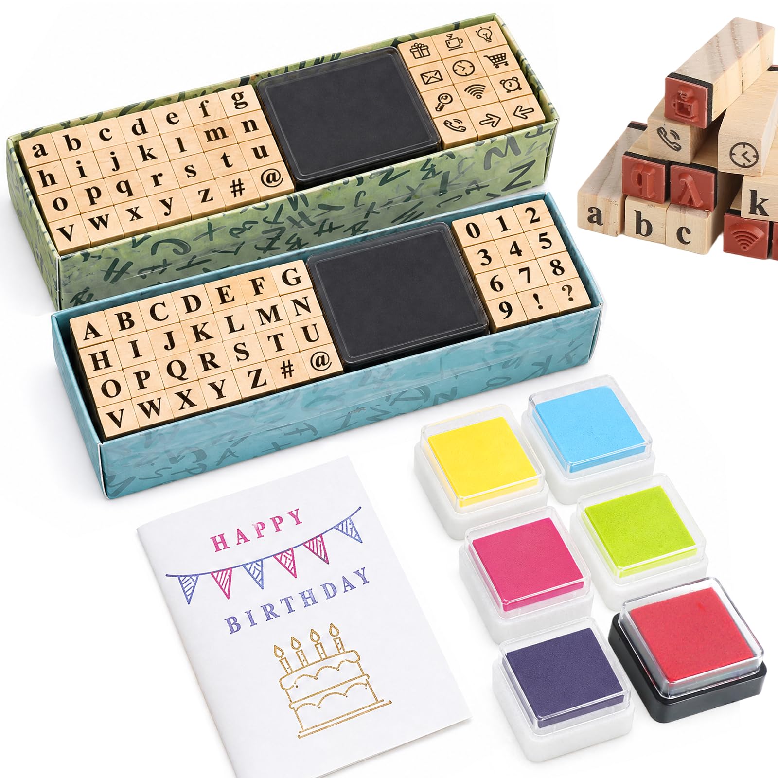 80 Pcs Wooden Letter Stamps Set, with 6 Color Ink Pads, Rubber, for Crafts