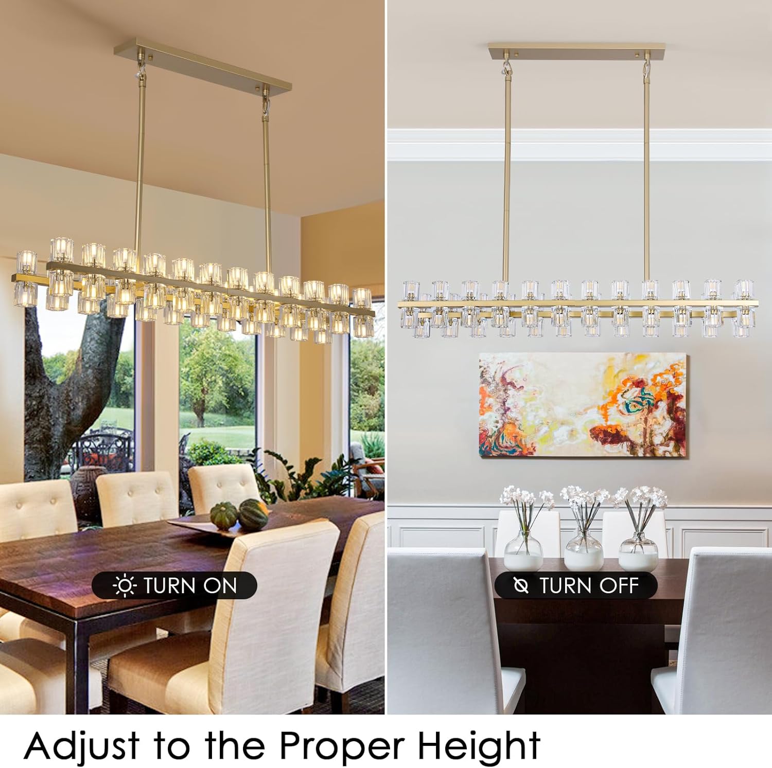 Gold Rectangular Crystal Chandelier Light Fixture 47", Dining Room Chandelier Over Table L47inch, 48 Light Modern Chandeliers for Dining Room and Kitchen Island (48xG4 Bulbs Included)