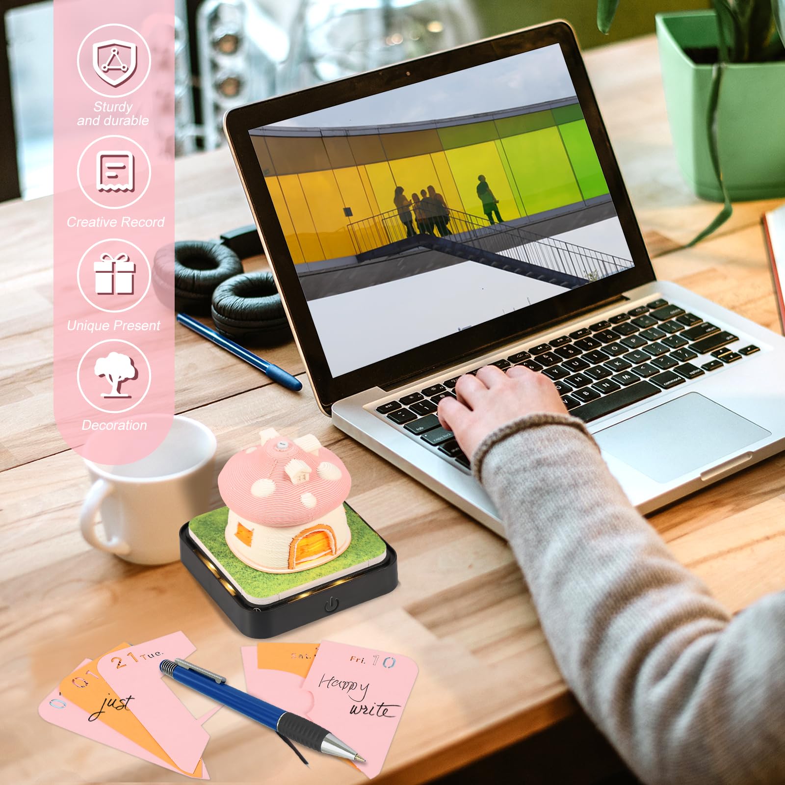 Schreibtisch kalender mit LED-Lichtern, 2025 Kalender 3D Memo Pad Papier Kreative 3D Notizblock Papier, Countdown Kalender Schnitzen Geschenk Desktop Dekoration (Rosa Pilz)