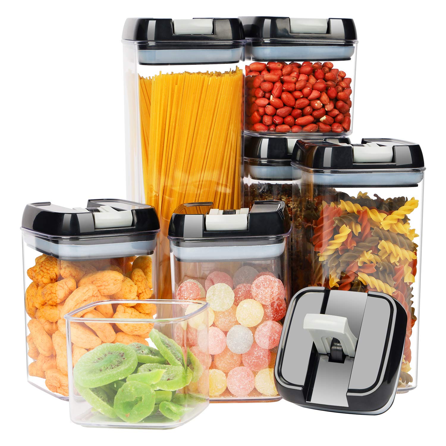 Juego de 7 recipientes herméticos para almacenar alimentos, sin BPA, de plástico, con tapa de bloqueo fácil, organizador para la despensa