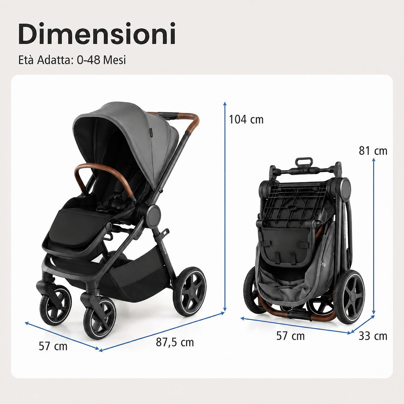 COSTWAY Passeggino Pieghevole per Bambini 6-36 Mesi, Grigio