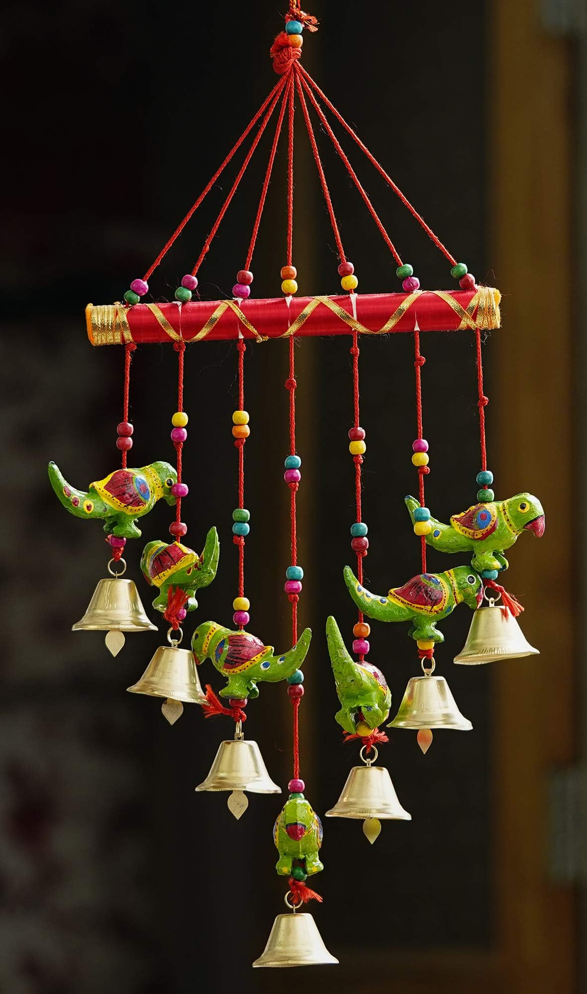 Handcrafted Rajasthani Bells Birds Parrot Design Wood Door Wall Hanging Decorative Showpiece for Home and Office Decor Diwali Gift Items - 45 cm (Wood) (Design 9)