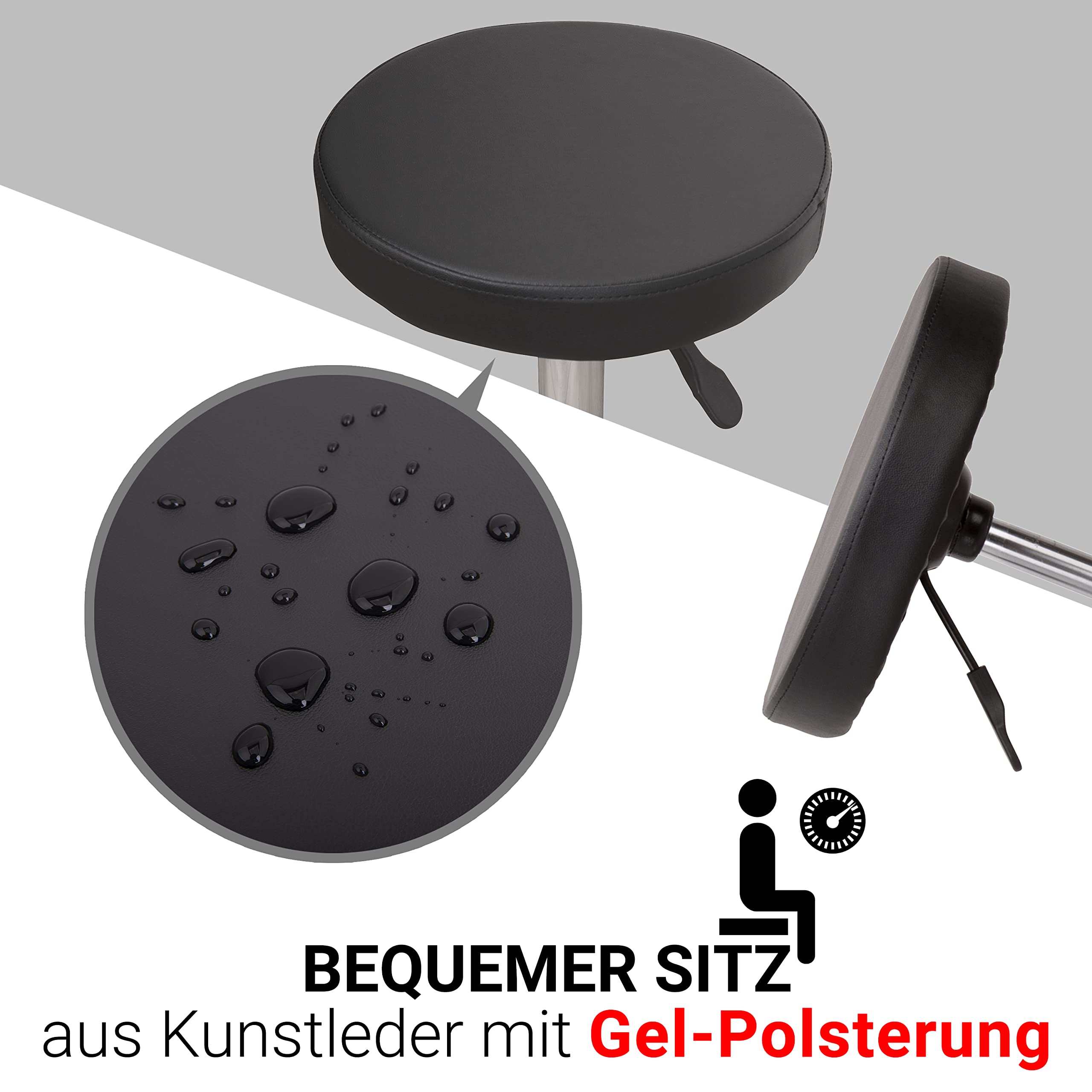 Staboos Rollhocker bis 160 kg - Gel-Polster Sitz rund - Praxishocker (Premium Rollen) Drehhocker höhenverstellbar (55 cm bis 75 cm) Rundhocker