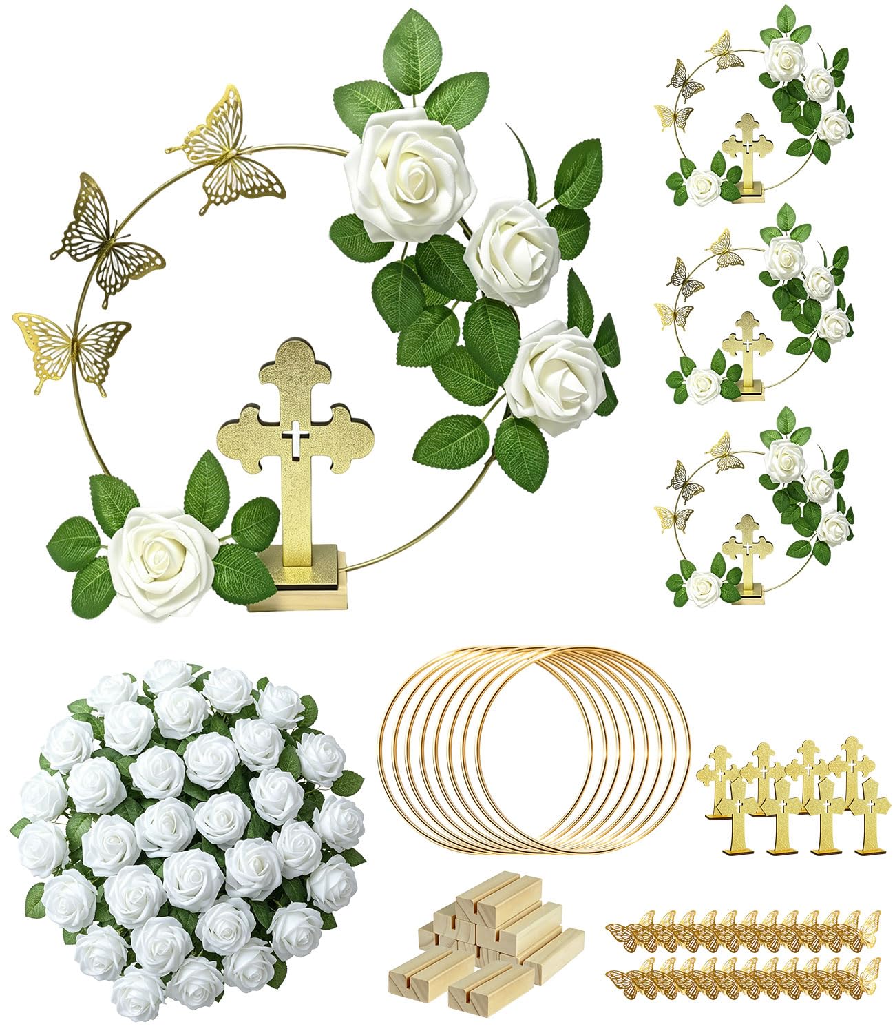 8 Set Centrotavola Battesimo Tavola Anelli Cerchio Floreale in Metallo con