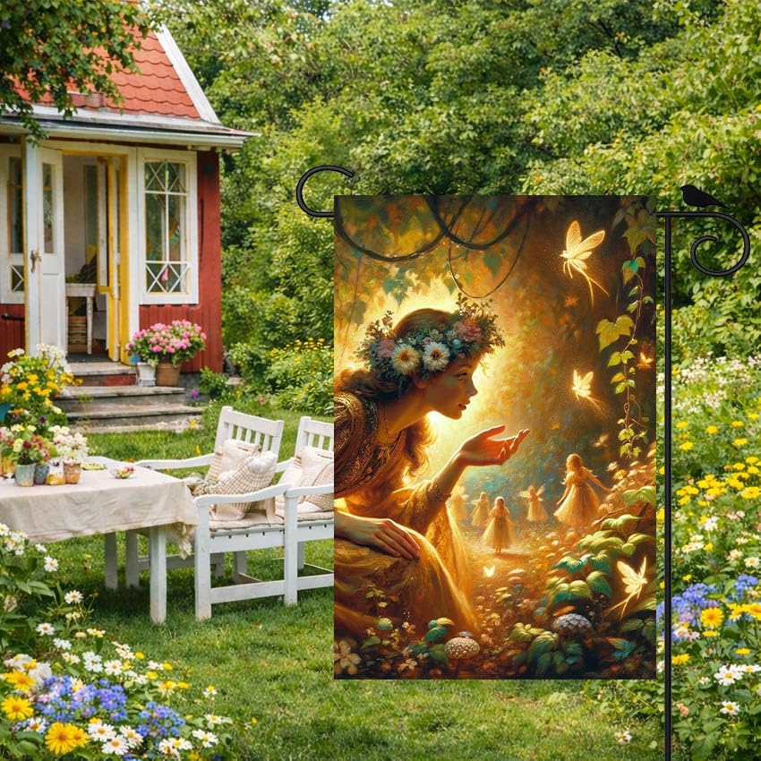 IVN Spring Fairy Garden Flag 12x18 Inch Double Sided Enchanted Forest Flag with Flower Crown Fairy and Glowing Fairies Fantasy Yard Decor for Outdoor Lawn Porch or Seasonal House Decoration - Image 2