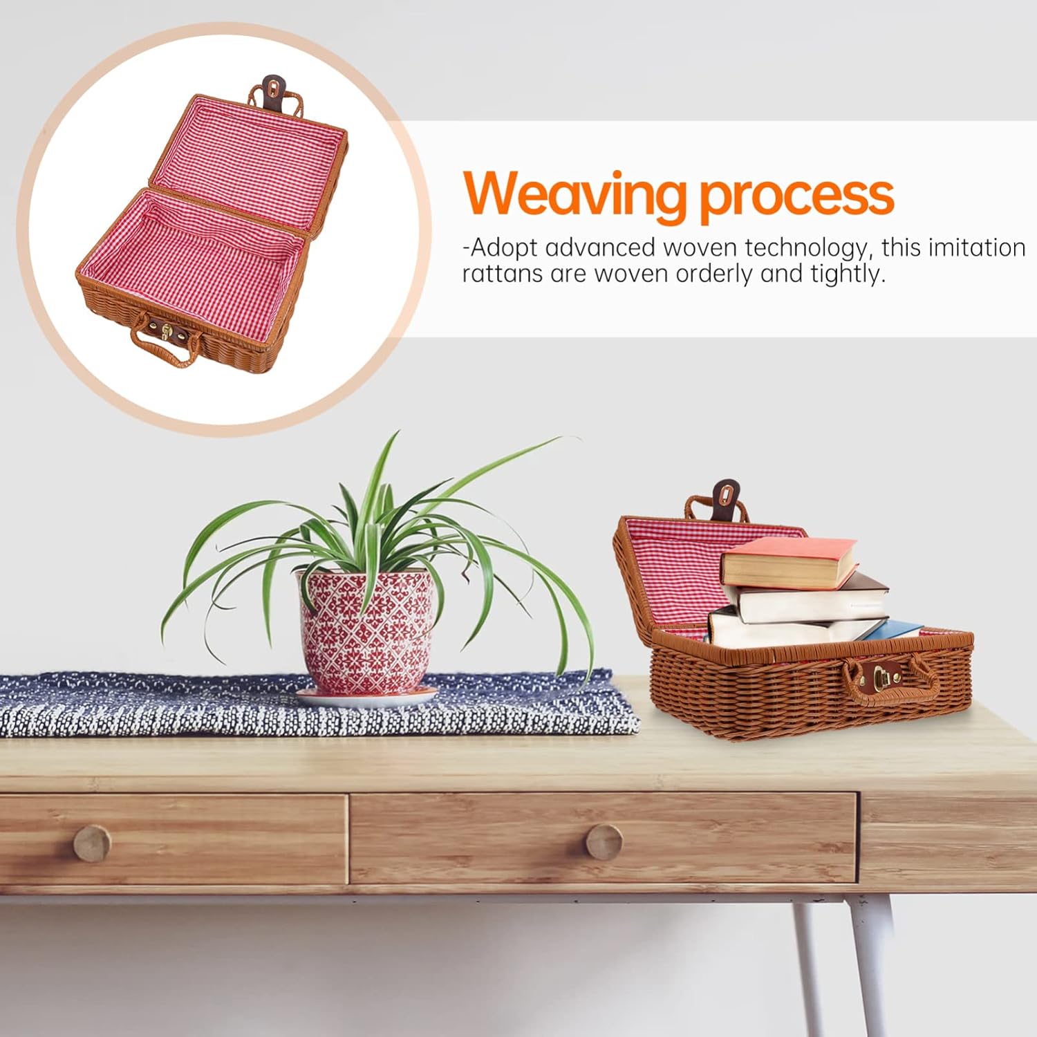 Retro Handwoven Suitcase Imitation Rattan Case Small Wicker Lined Easy-clean Storage Box Comfortable Handle