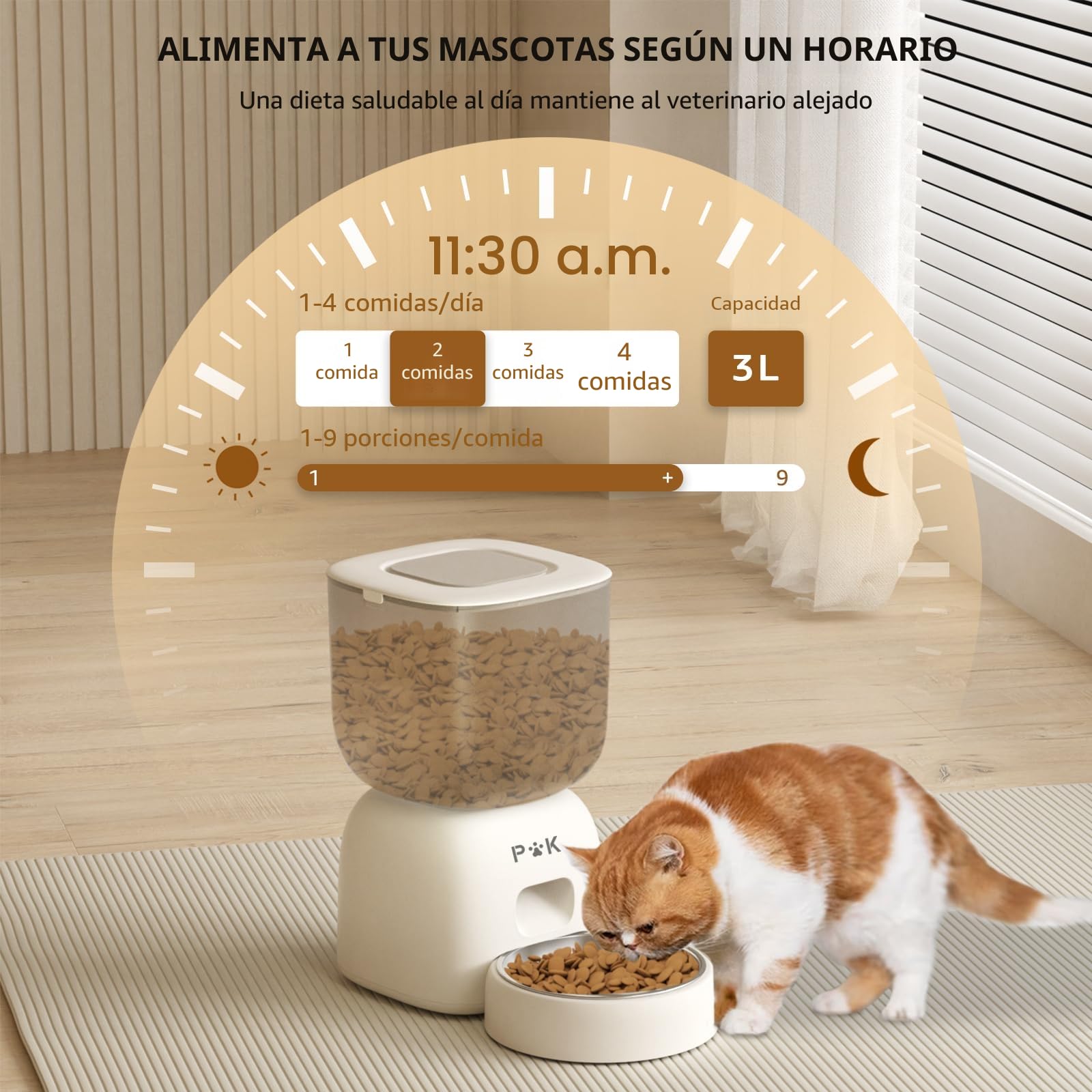 PUPPY KITTY Cady Comedero Automático Gato, 3L Dispensador Comida Gatos con Grabación de Voz 10S, Duración de la Batería hasta 180 Días, 1 a 5 Comidas