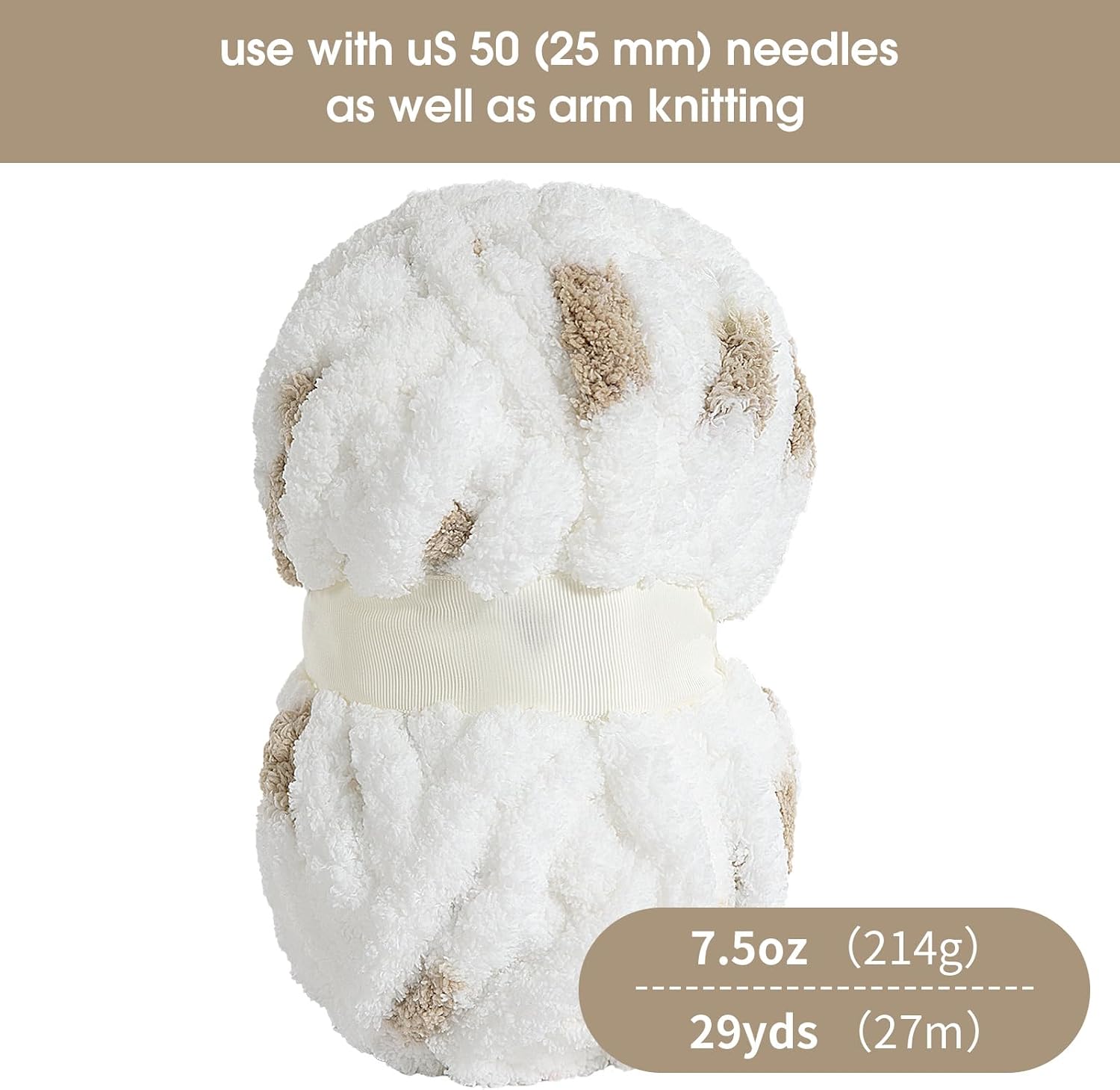 HOMBYS Chunky Chenille Yarn for Hand Knitting,Fluffy Plush Thick Yarn for Arm Knitting,Super Bulky Giant Yarn,Big Soft Speckle Yarn for Crocheting,8 Jumbo Pack,White & Kahki (29 yds,7.5 oz Each Skein)