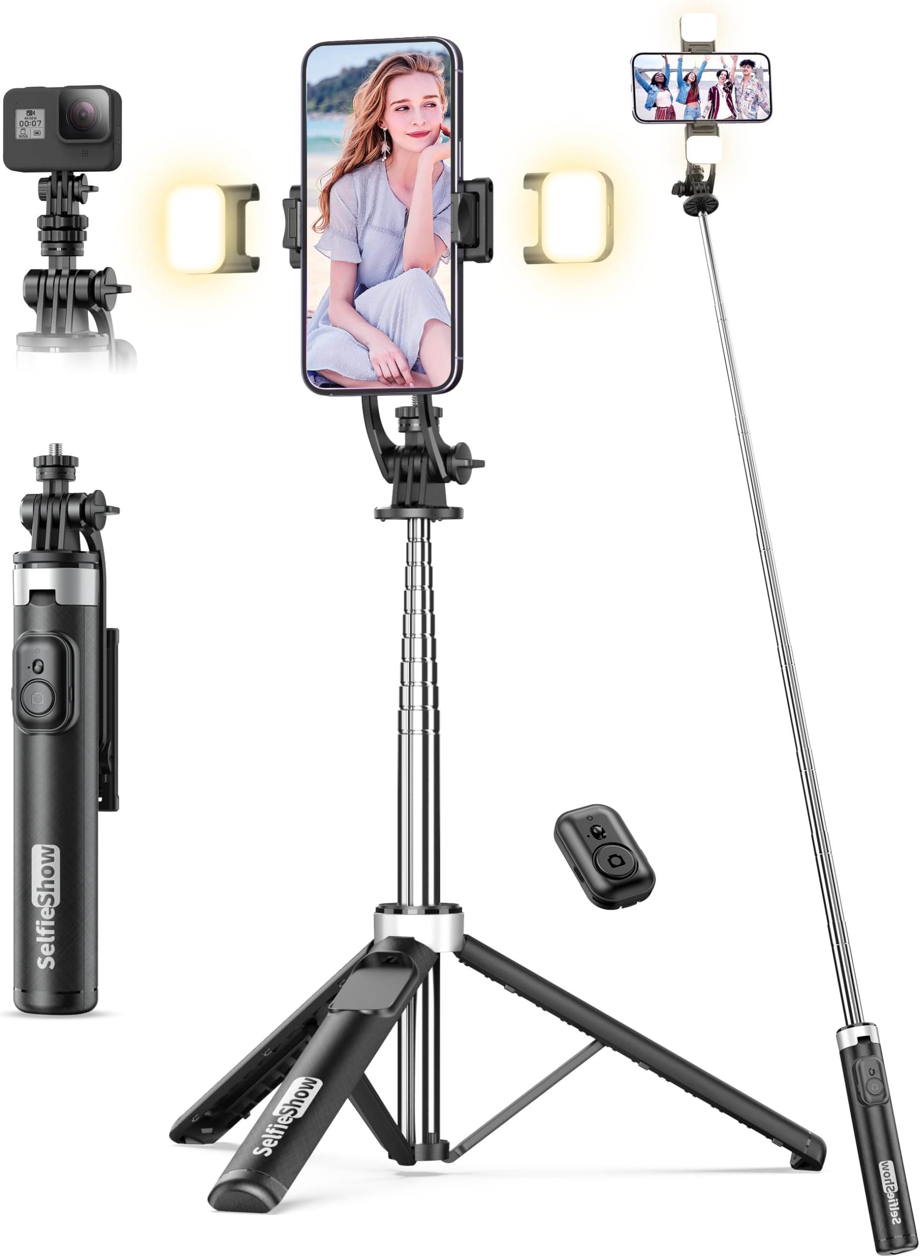 53'' Selfie Stick Tripod with Light, Extendable Selfie Stick with Remote, Portable Cell Phone Tripod Stand with All in 1 Phone Clip, Lightweight Camera Tripod Compatible with iPhone 15 14 13, Android