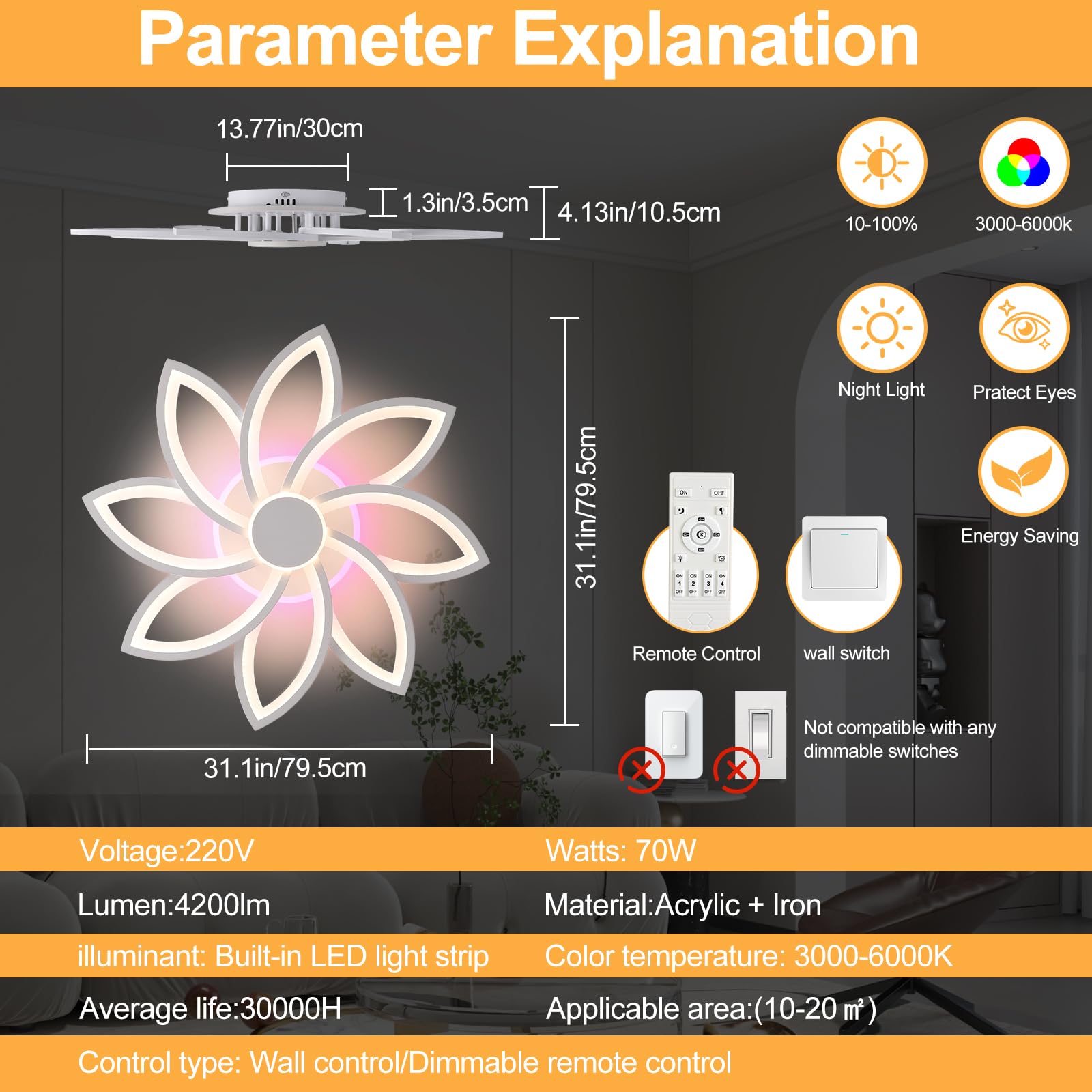 led deckenleuchte mit Fernbedienung,deckenlampe dimmbar,wohnzimmer lampe decke weiß,led lampen deckenlampen Innenbereich,moderne deckenleuchten 70W,energiesparend schlafzimmerlampe,3000-6000k
