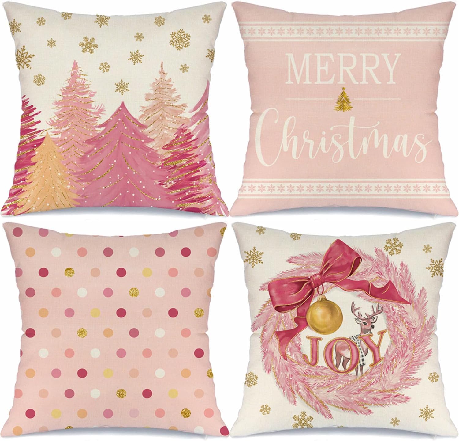 Christmas Pink Gold Snowflake Throw Pillow Covers Merry Christmas Tree Pillow Covers 18x18 Set of 4 Winter Holiday Cushion Case Polka Dot Decoration for Sofa Couch