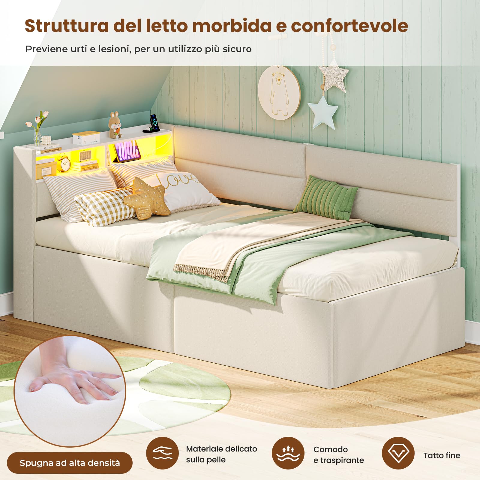 AOGLLATI Divano Letto 2 Posti 90/180x200 cm, Letto Estraibile con Illuminazione a LED Regolabile e Stazione di Ricarica, Divano Letto Matrimoniale con Tapizado Integral e Ripiani Aperti, Beige