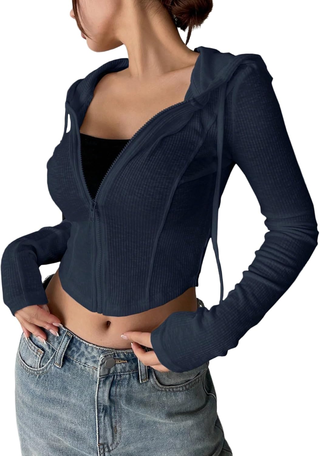 GORGLITTER Women's Cropped Zip Up Hoodie Lightweight Long Sleeve Rib Knit Slim Crop Jacket Fall Trendy 2025 - Image 3