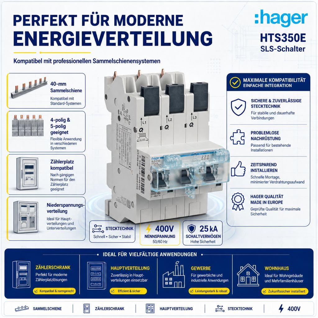 Hager HTS350E SLS-Schalter 50A 3-polig selektiver Hauptsicherungsautomat SHU mit Stecktechnik, Hauptleitungsschutzschalter für Zählerschrank Sammelschiene 400V 25kA