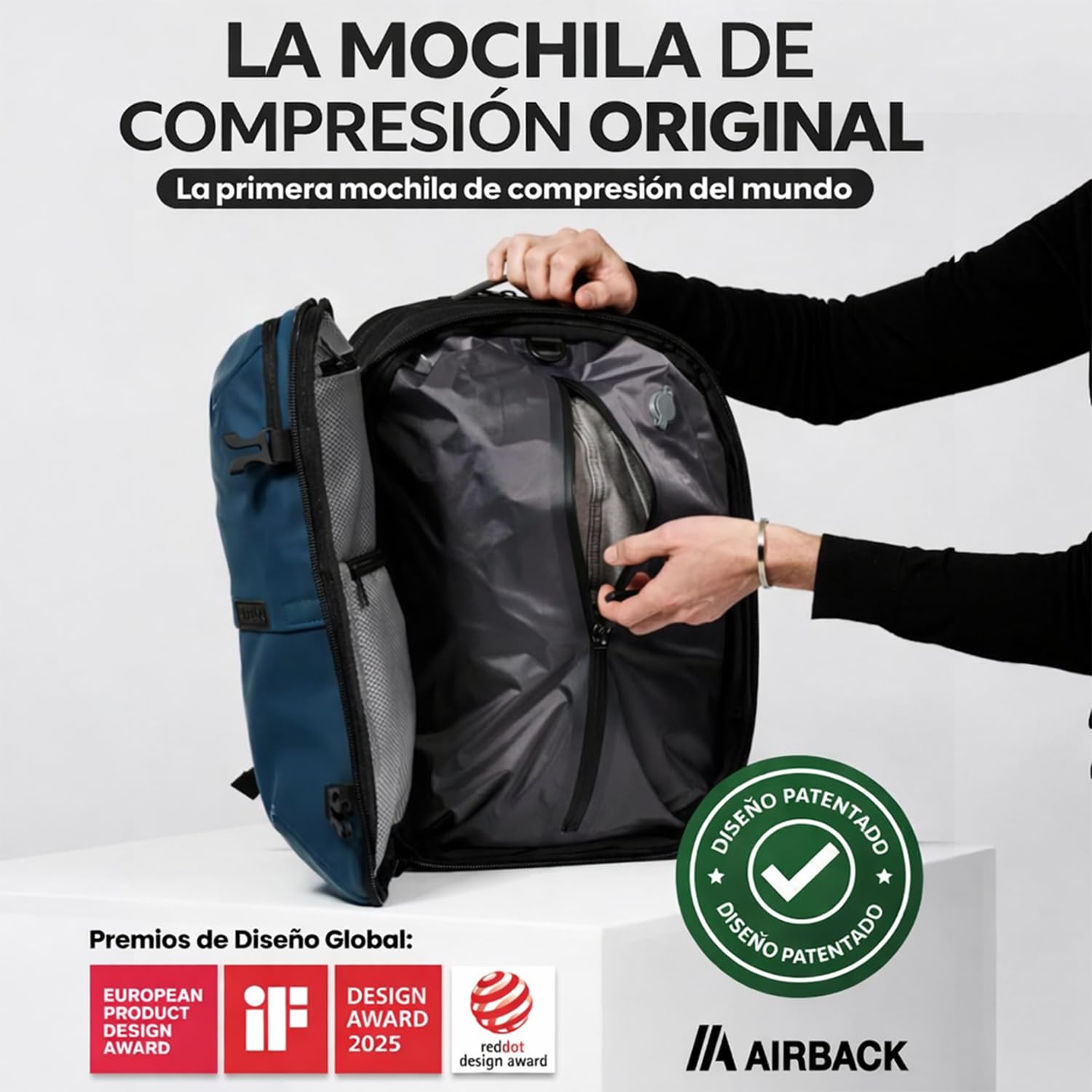 Airback GO Mochila Viaje Vacio - 16-32L, Mochila de Compresión al Vacío, Mochila Cabina, Bolsas de Viaje Ligeras y Ampliables, Cómodas y Resistentes al Agua, Azul