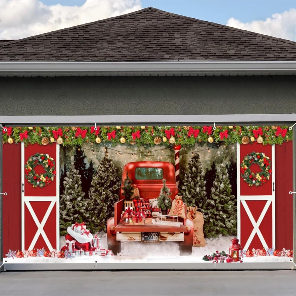 Garage Door Christmas Decorations 7x16ft, Merry Christmas Garage Door Cover Wooden Door Truck Gifts Banner Winter Outdoor Decor Holiday Party Supplies