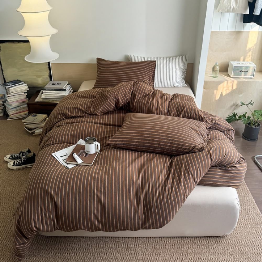 Lanqinglv, set di biancheria da letto, 200 x 220 cm, marrone a righe, anti-allergenico, in microfibra, set di biancheria da letto ÖKO-TEX - copripiumino con cerniera e 2 federe da 80 x 80 cm
