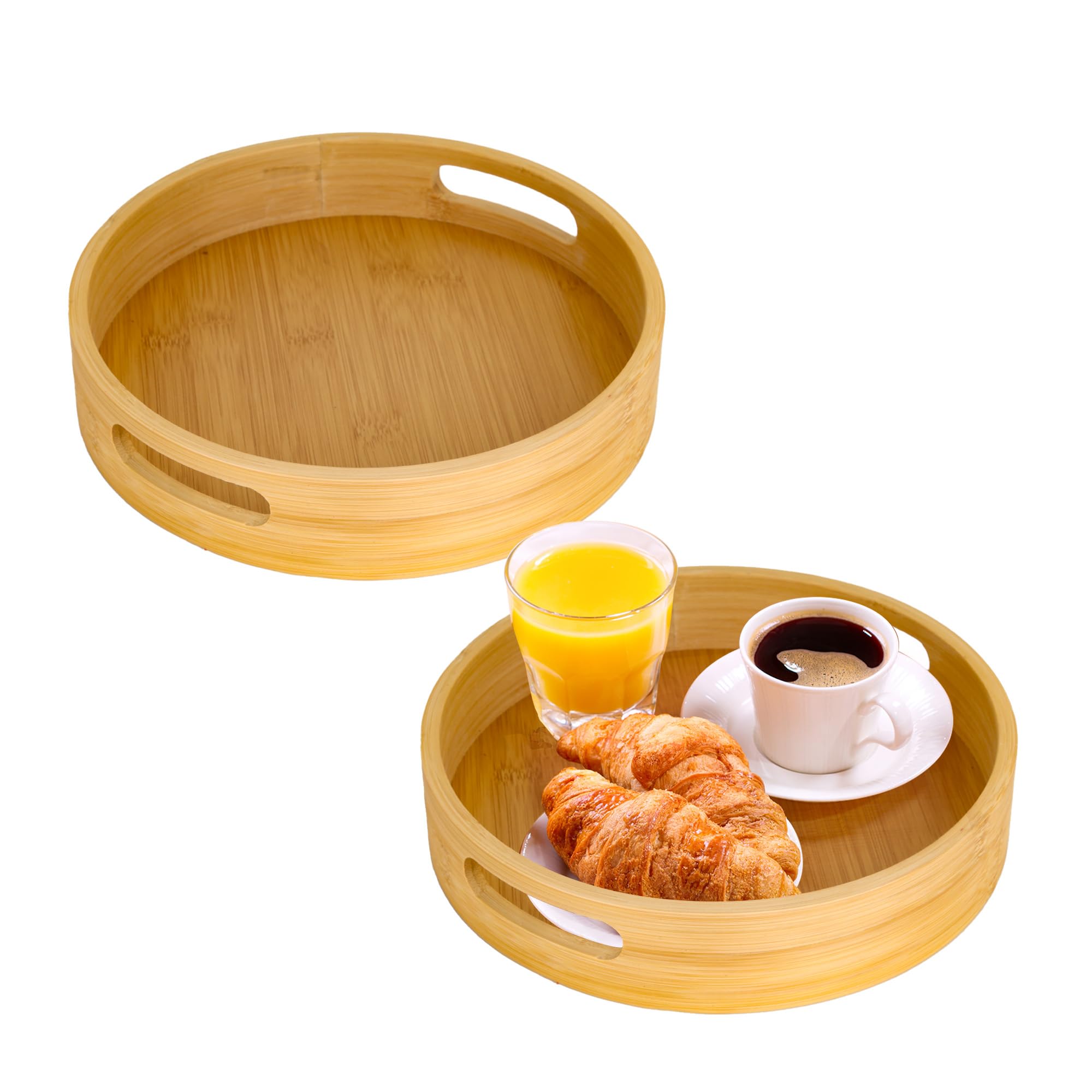 Axincardarm 2 Pcs Round Wooden Tray with Handles for Serving Beverages Tea Plate, Bamboo Serving Tray with Handles for Coffee Fruit Food Meals