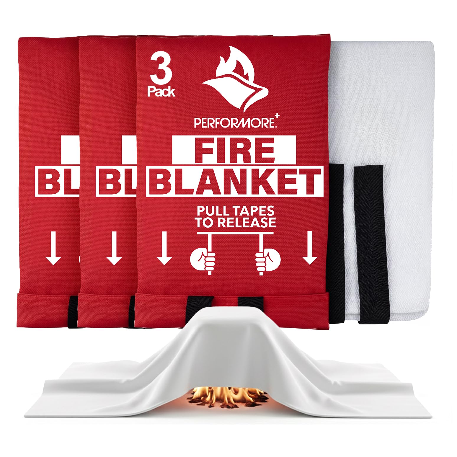 Performore 3-Pack Fire Blankets 40" x 40" Emergency Flame-Resistant Fire Suppression Blankets for Home, Kitchen, Grill, Car & Office Fiberglass Fire Safety Blanket for Small Fires