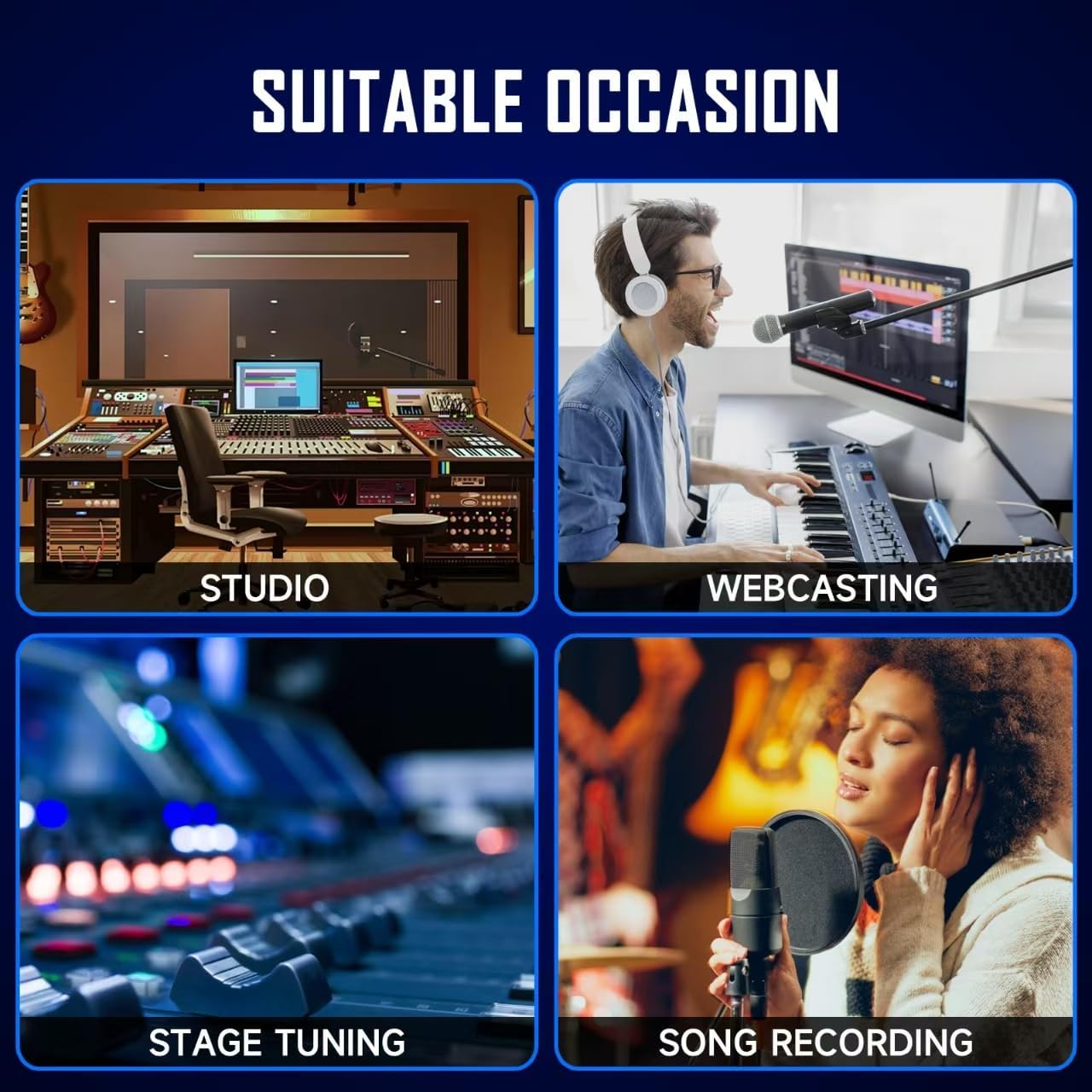 Four panels showing different use cases for the Dejasound DK-8 mixer: Studio, Webcasting, Stage Tuning, and Song Recording