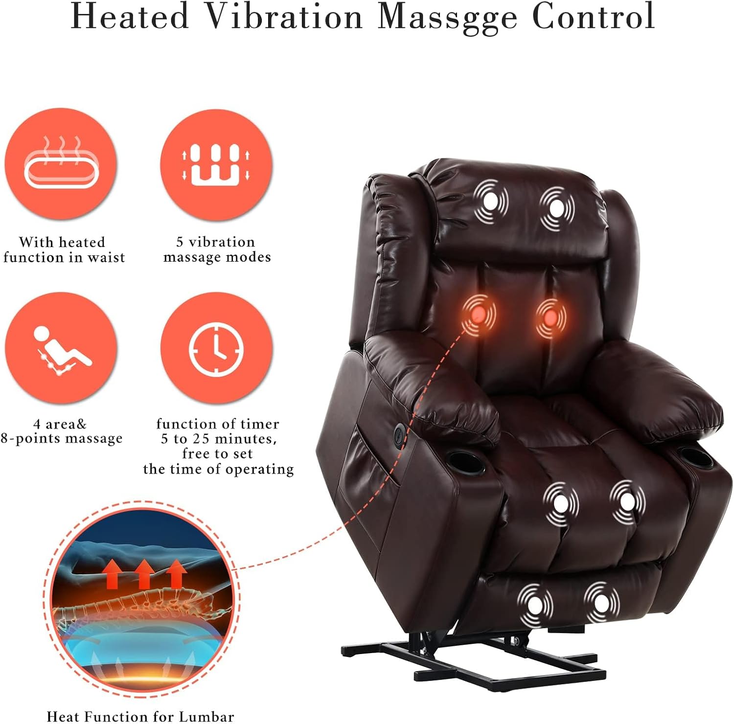 COOSLEEP Large Power Lift Recliner Chair with Massage and Heat for Elderly, Overstuffed Wide Recliners, Breathable Leather with Breathable microporous, USB Ports, 2 Cup Holders (Brown)