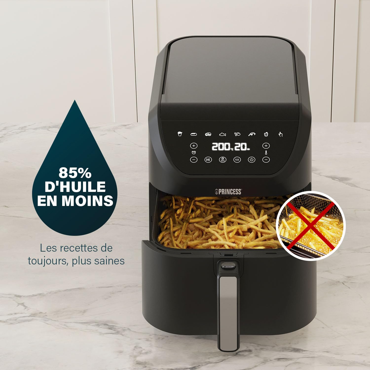 Princess friteuse sans huile SlimFry - Design peu encombrant - Sans BPA - 8 L - 8 programmes - Température & minuterie réglables - 2 000 W - 182256, Noir