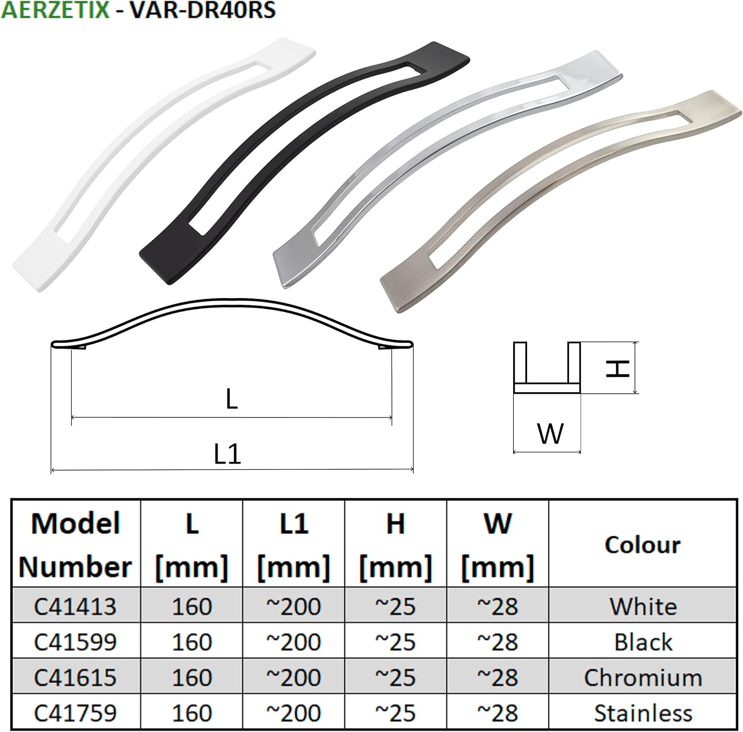 AERZETIX - C41413 – Set of 5 Furniture Handles Wheelbase 160 mm – for Door Cupboard Cupboard Drawer Interior Decoration Kitchen Living Room Assembly – Metal – White Finish