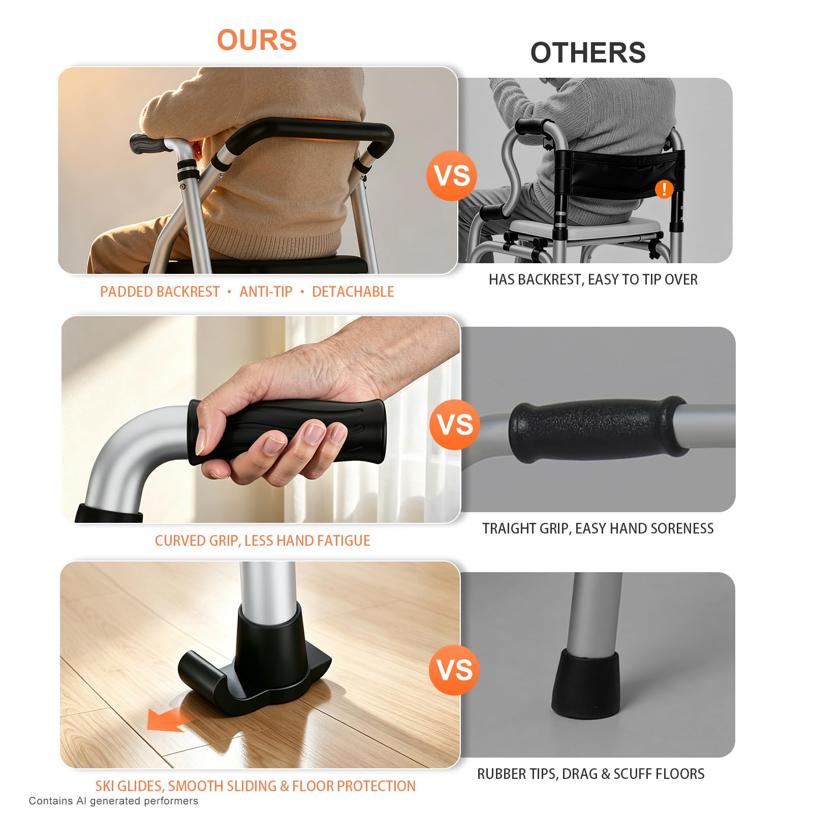Standard Walkers for Seniors with Seat, with 2 Skis & 5”Wheels — Amazon image 7