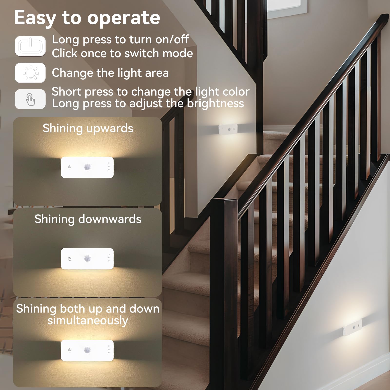 Luz nocturna con detector de movimiento, inalámbrica, recargable, luces LED para escaleras, detector de movimiento interior, luz nocturna para niños y 3 modos de temperatura de color para